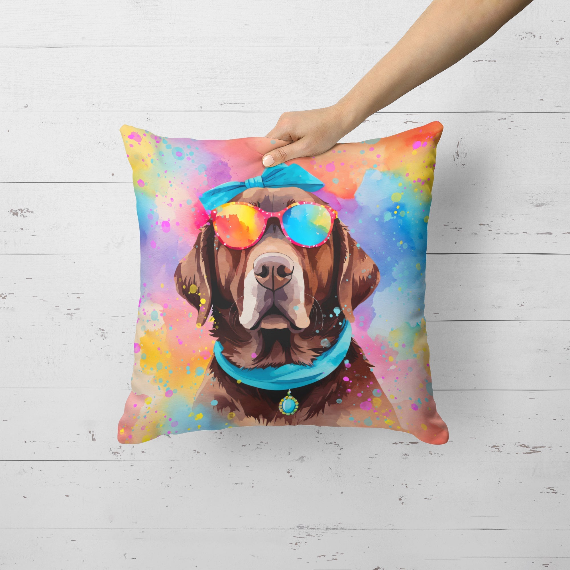 Chocolate Labrador Hippie Dawg Decorative Throw Pillow 18x18 Indoor Outdoor Accent Cushion, Fabric Cover with Insert for Sofa, Bed, Porch & Living Room