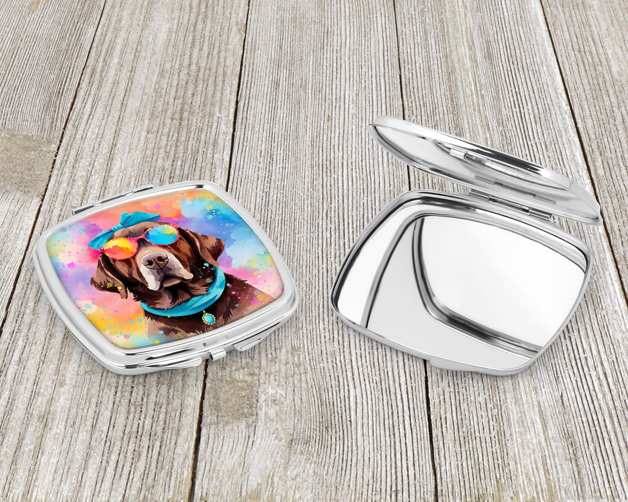 Chocolate Labrador Hippie Dawg Compact Mirror Decorative Travel Makeup Mirror for Women Girls Gifts Pocket Makeup Mirror Folding Handheld
