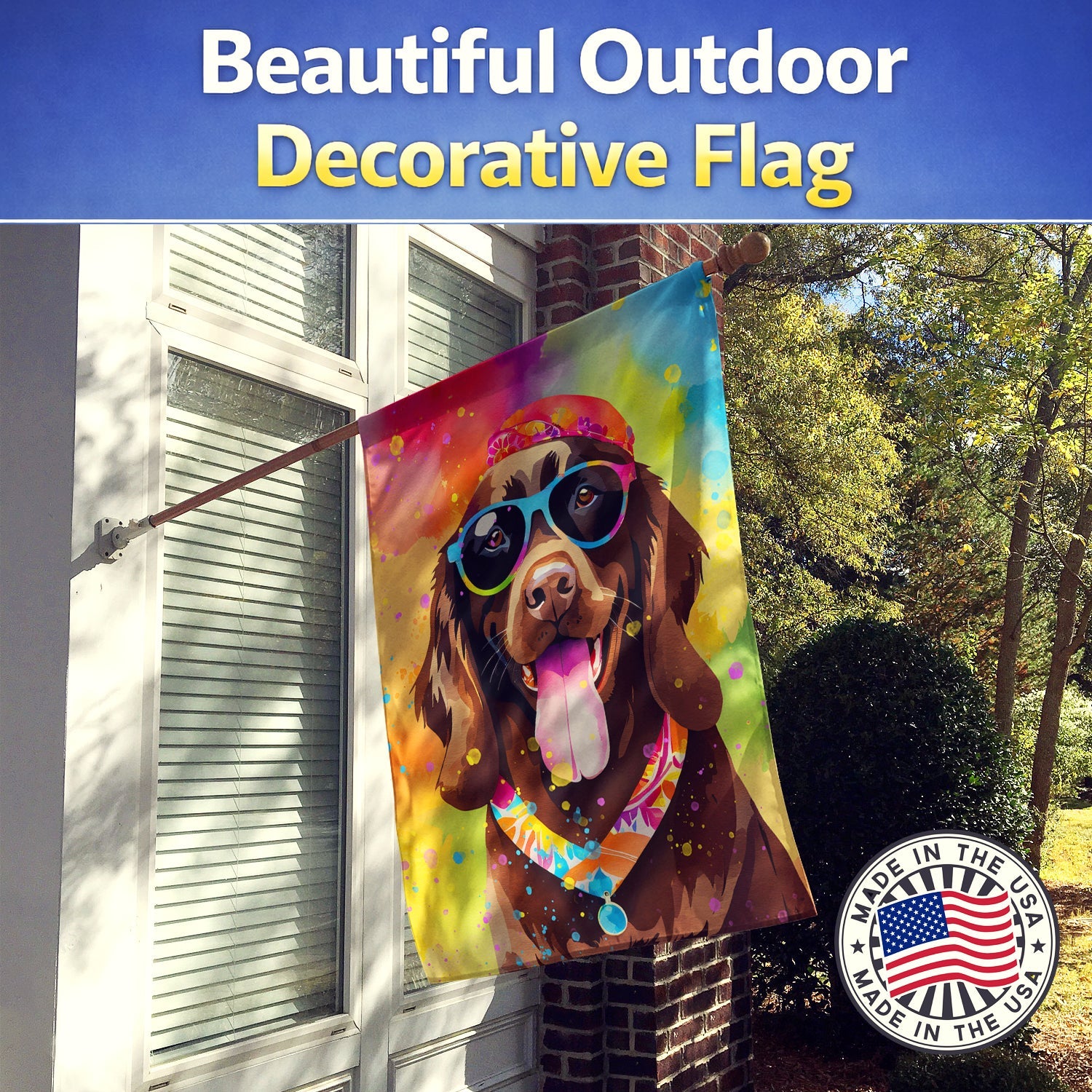 Chocolate Labrador Hippie Dawg House Flag 28x40 Porch Sleeve Pole Decorative Outside Yard Banner Artwork Wall Hanging, Polyester