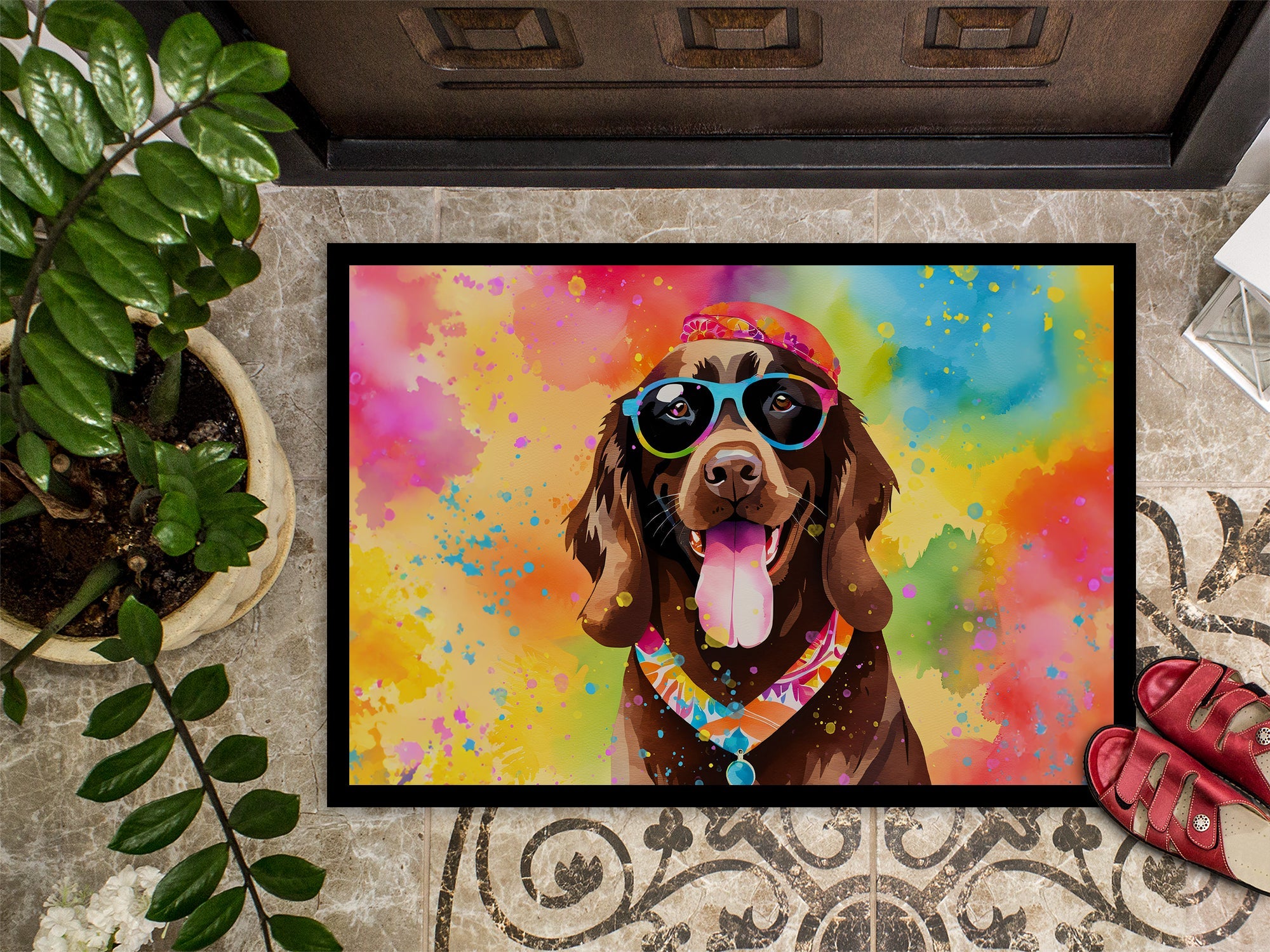 Chocolate Labrador Hippie Dawg Doormat Indoor Outdoor 24H X 36W Front Door Mat Rugs for Entryway, Non Slip Washable Low Pile,