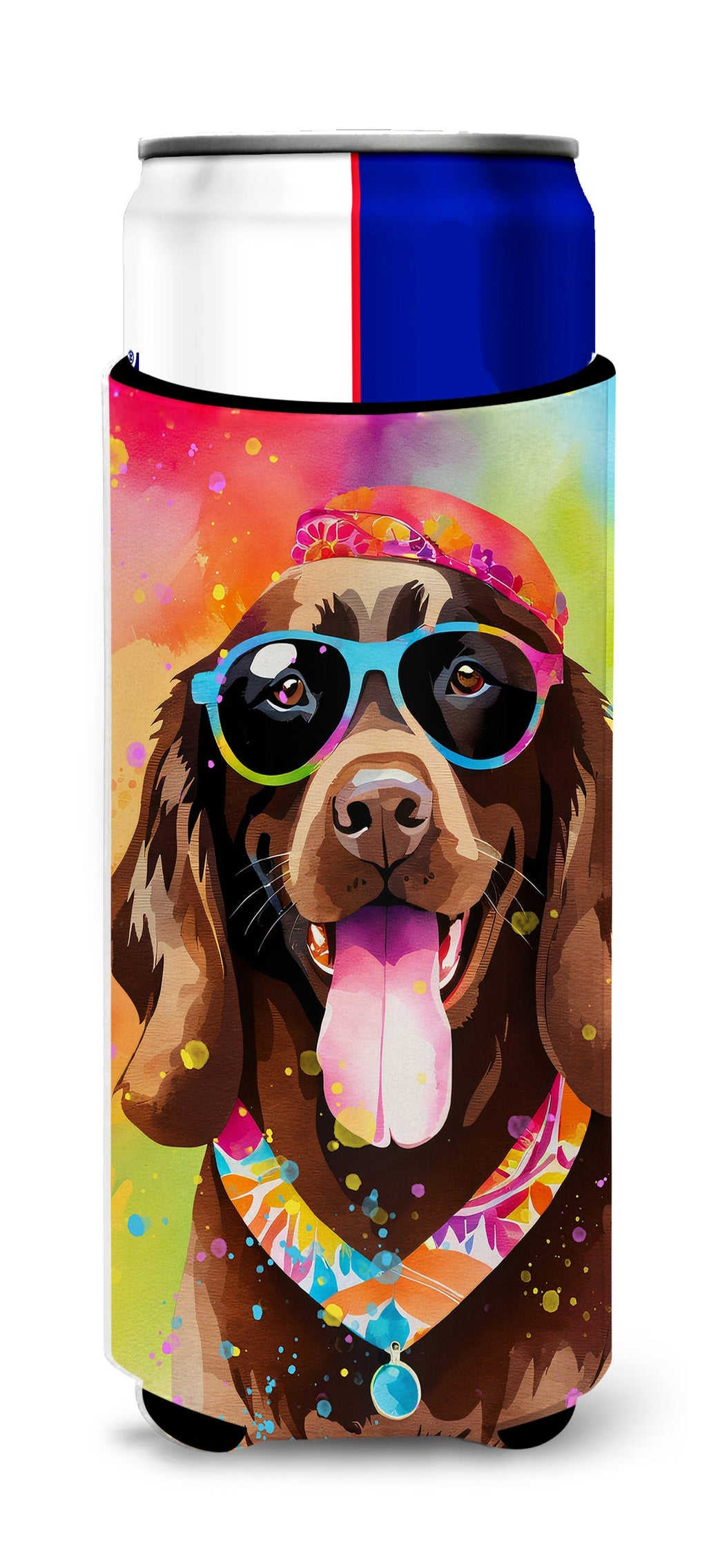 Chocolate Labrador Hippie Dawg Slim Can Hugger , Insulated Foam Hugger for 12 oz Slim Cans, Beer Bottles & Water Bottles, Printed in USA