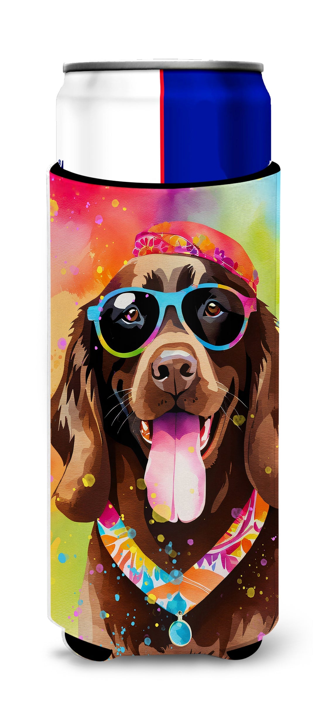 Chocolate Labrador Hippie Dawg Slim Can Hugger , Insulated Foam Hugger for 12 oz Slim Cans, Beer Bottles & Water Bottles, Printed in USA