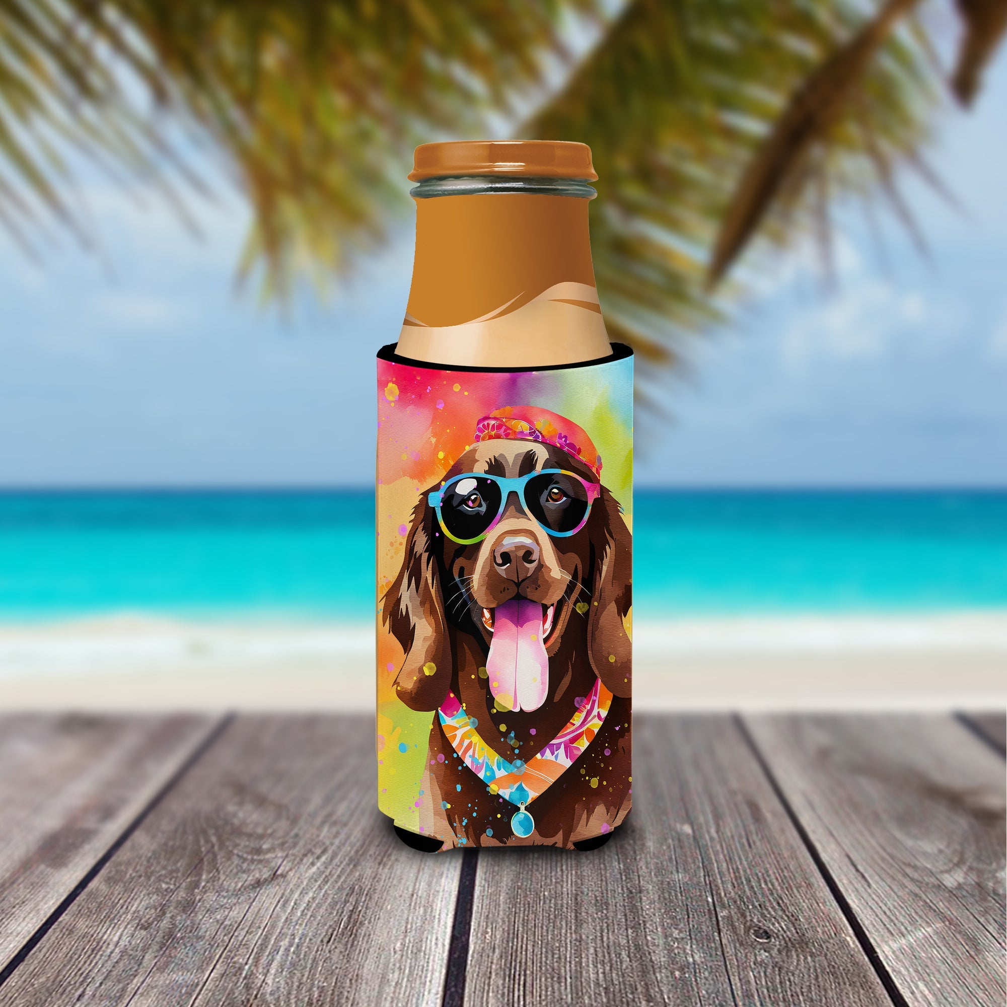 Chocolate Labrador Hippie Dawg Slim Can Hugger , Insulated Foam Hugger for 12 oz Slim Cans, Beer Bottles & Water Bottles, Printed in USA