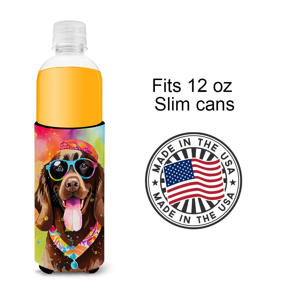 Chocolate Labrador Hippie Dawg Slim Can Hugger , Insulated Foam Hugger for 12 oz Slim Cans, Beer Bottles & Water Bottles, Printed in USA