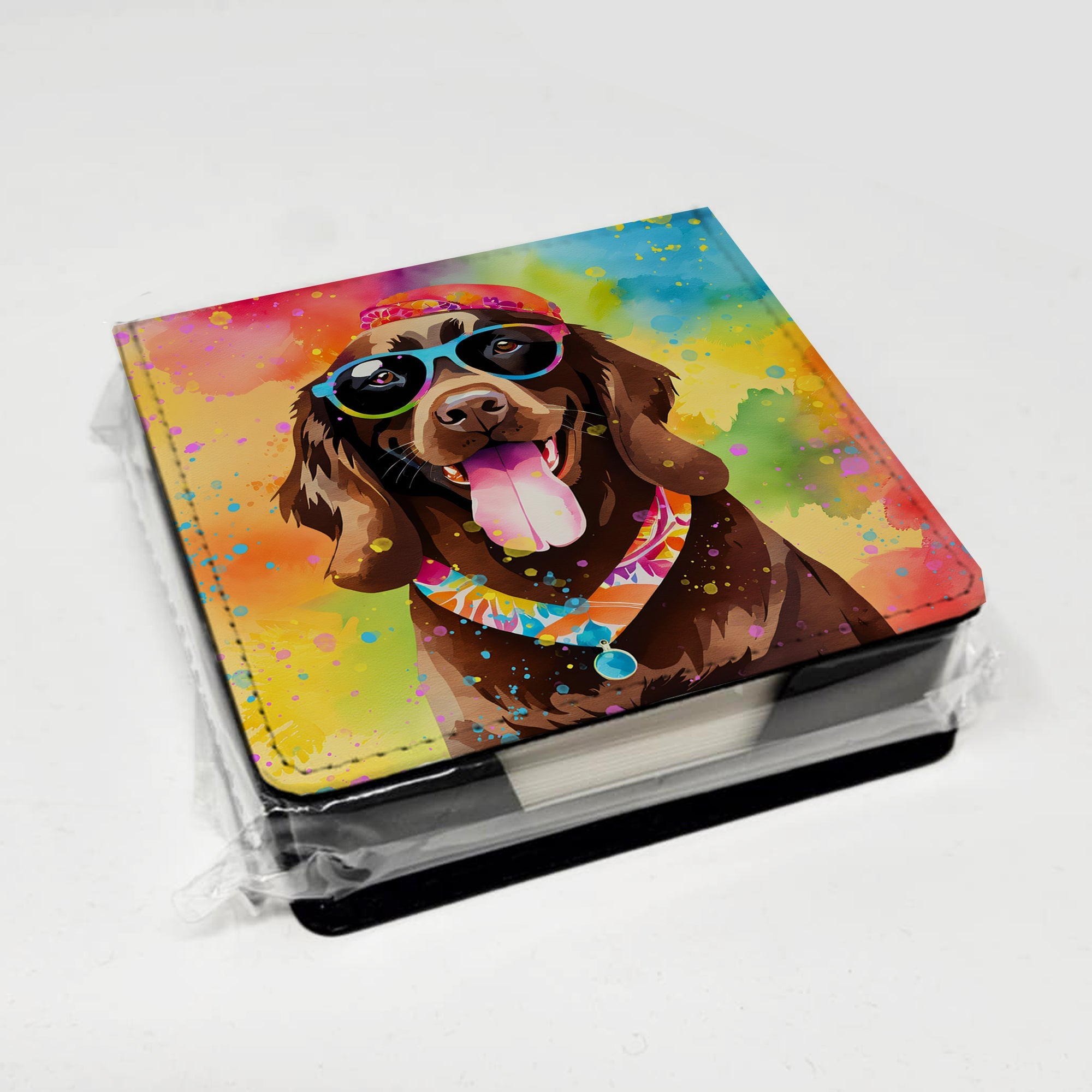 Chocolate Labrador Hippie Dawg PU Leather Note Paper Holder with Artist-Designed Cover, Desk Accessory, Office Gift