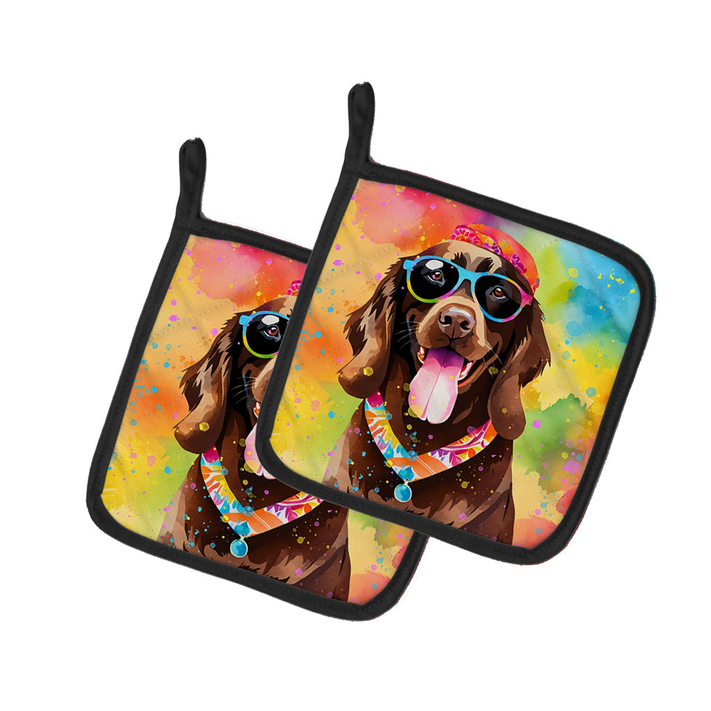 Chocolate Labrador Hippie Dawg Pot Holder Set of 2 Heat Resistant Quilted Hot Pads 7.5 x 7.5 Inch, Insulated Kitchen Trivets for Cooking & Baking