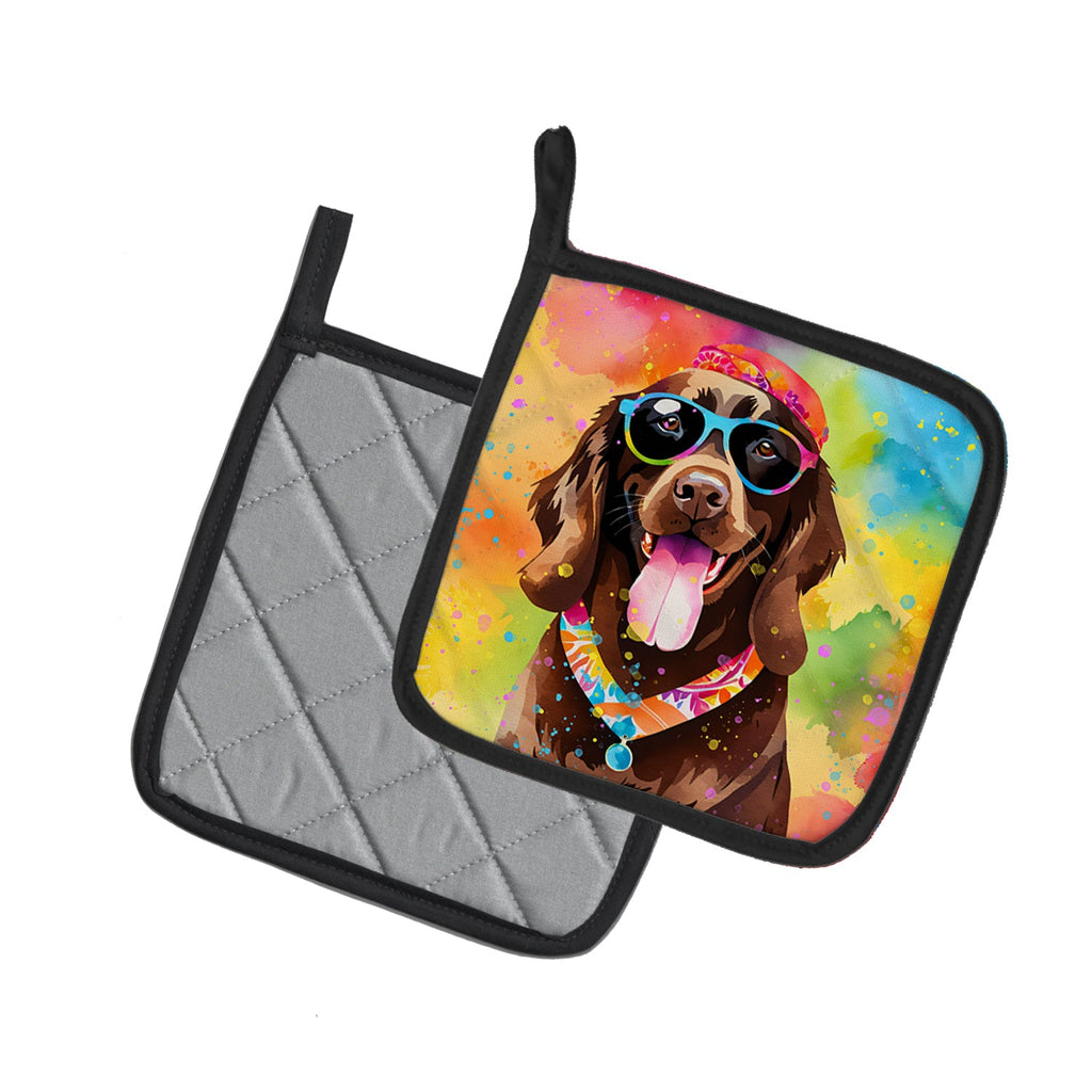 Chocolate Labrador Hippie Dawg Pot Holder Set of 2 Heat Resistant Quilted Hot Pads 7.5 x 7.5 Inch, Insulated Kitchen Trivets for Cooking & Baking