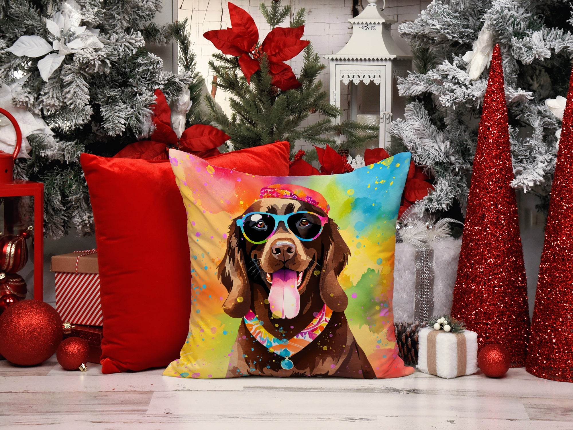 Chocolate Labrador Hippie Dawg Decorative Throw Pillow 14x14 Indoor Outdoor Accent Cushion, Fabric Cover with Insert for Sofa, Bed, Porch & Living Room