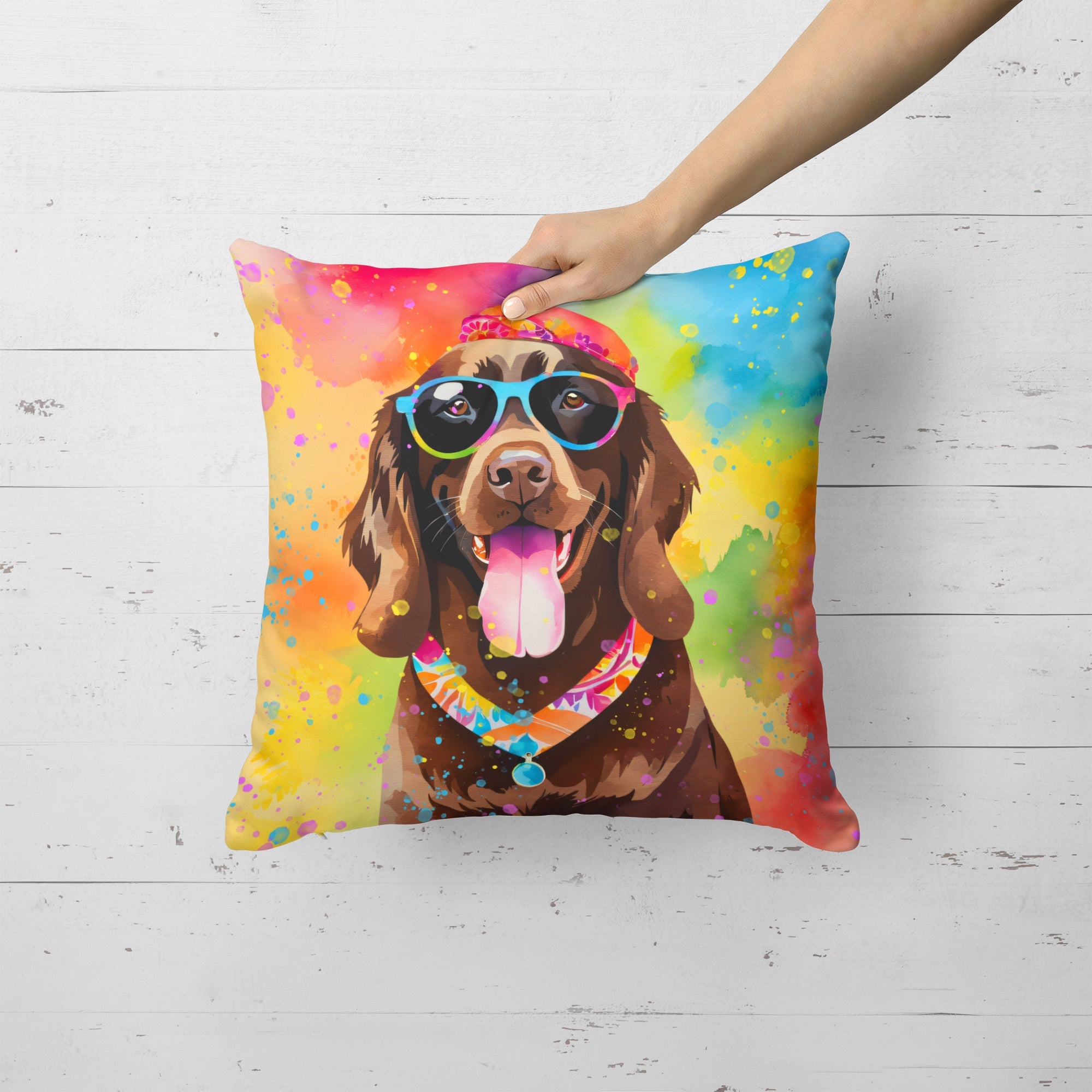 Chocolate Labrador Hippie Dawg Decorative Throw Pillow 18x18 Indoor Outdoor Accent Cushion, Fabric Cover with Insert for Sofa, Bed, Porch & Living Room