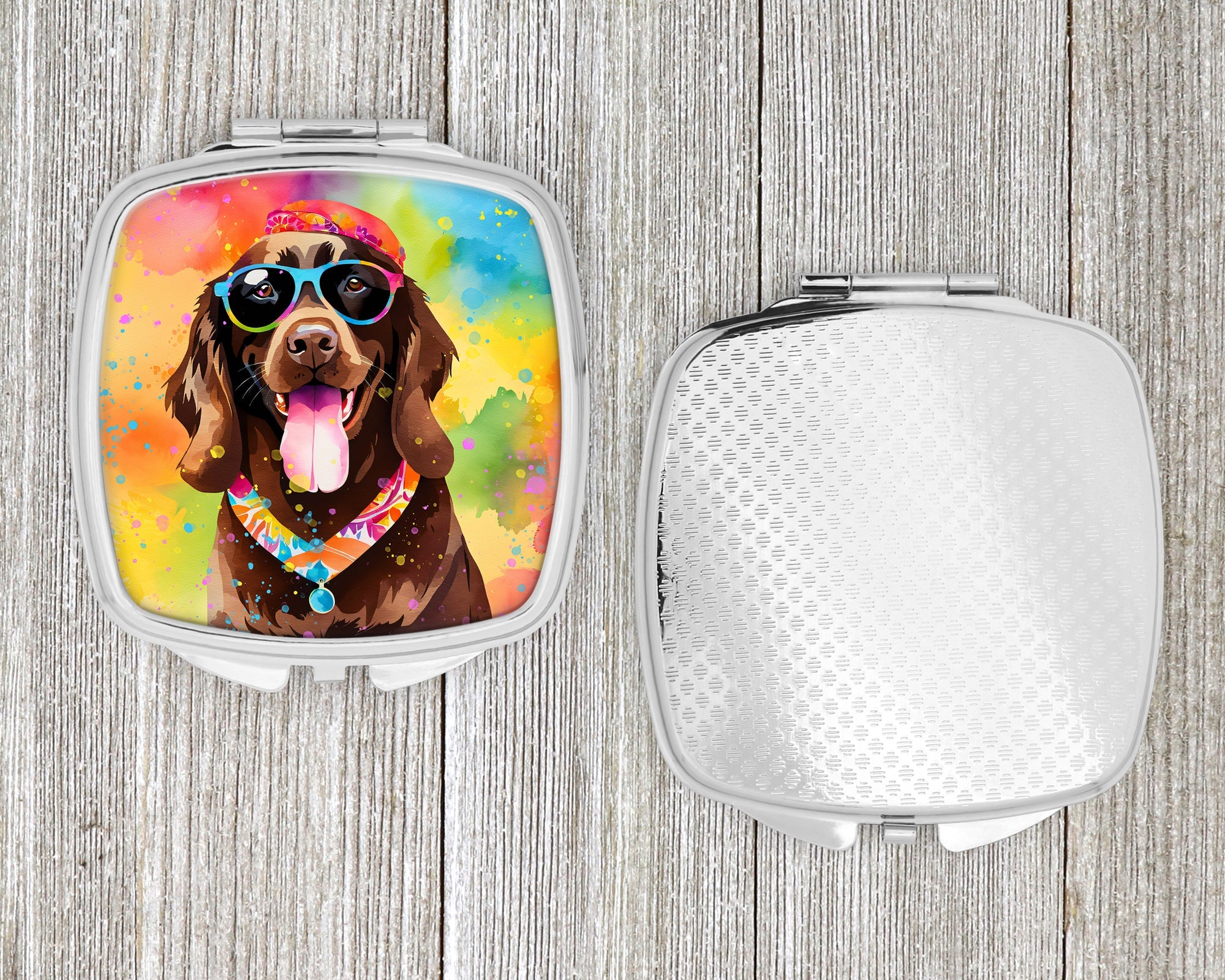Chocolate Labrador Hippie Dawg Compact Mirror Decorative Travel Makeup Mirror for Women Girls Gifts Pocket Makeup Mirror Folding Handheld