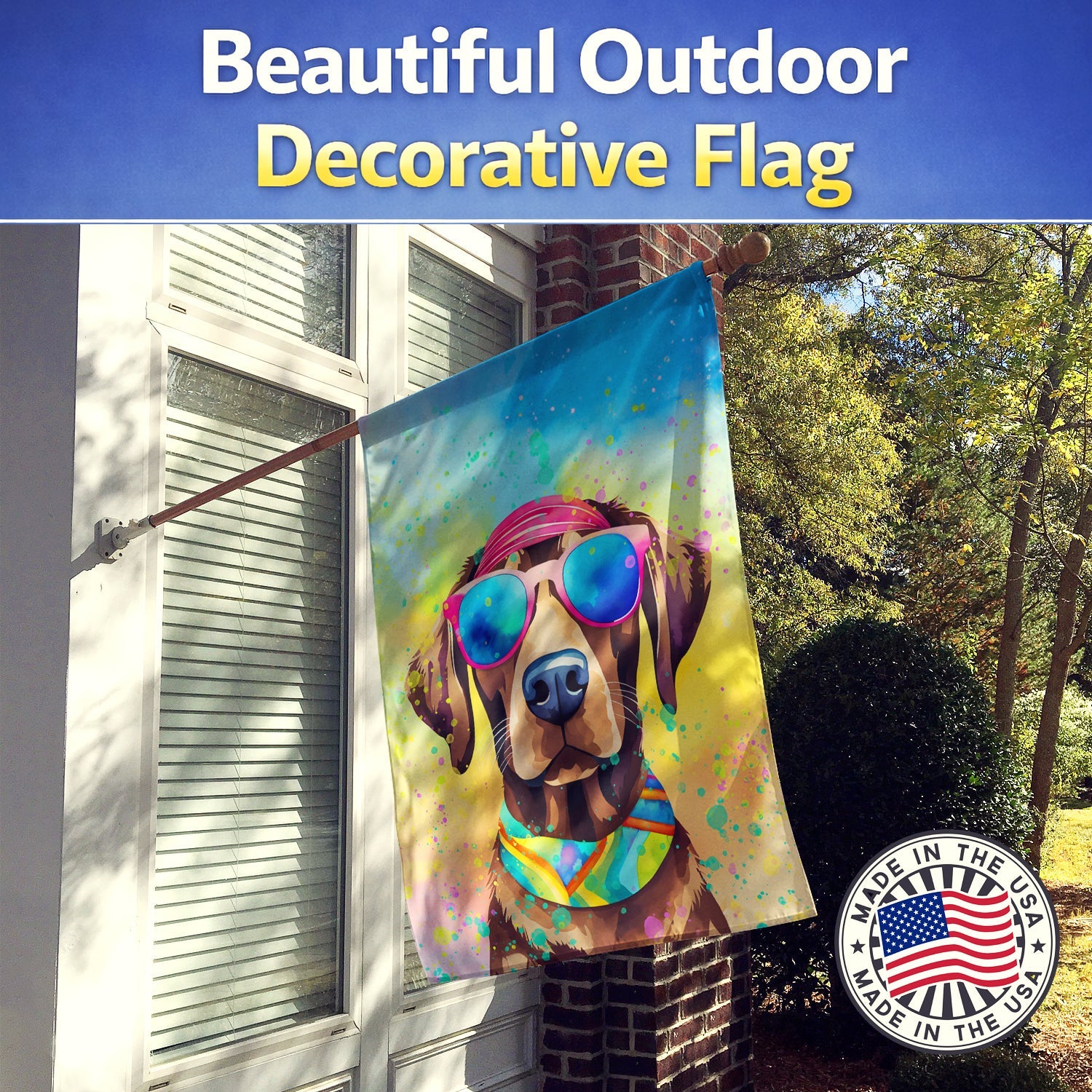Chocolate Labrador Hippie Dawg House Flag 28x40 Porch Sleeve Pole Decorative Outside Yard Banner Artwork Wall Hanging, Polyester