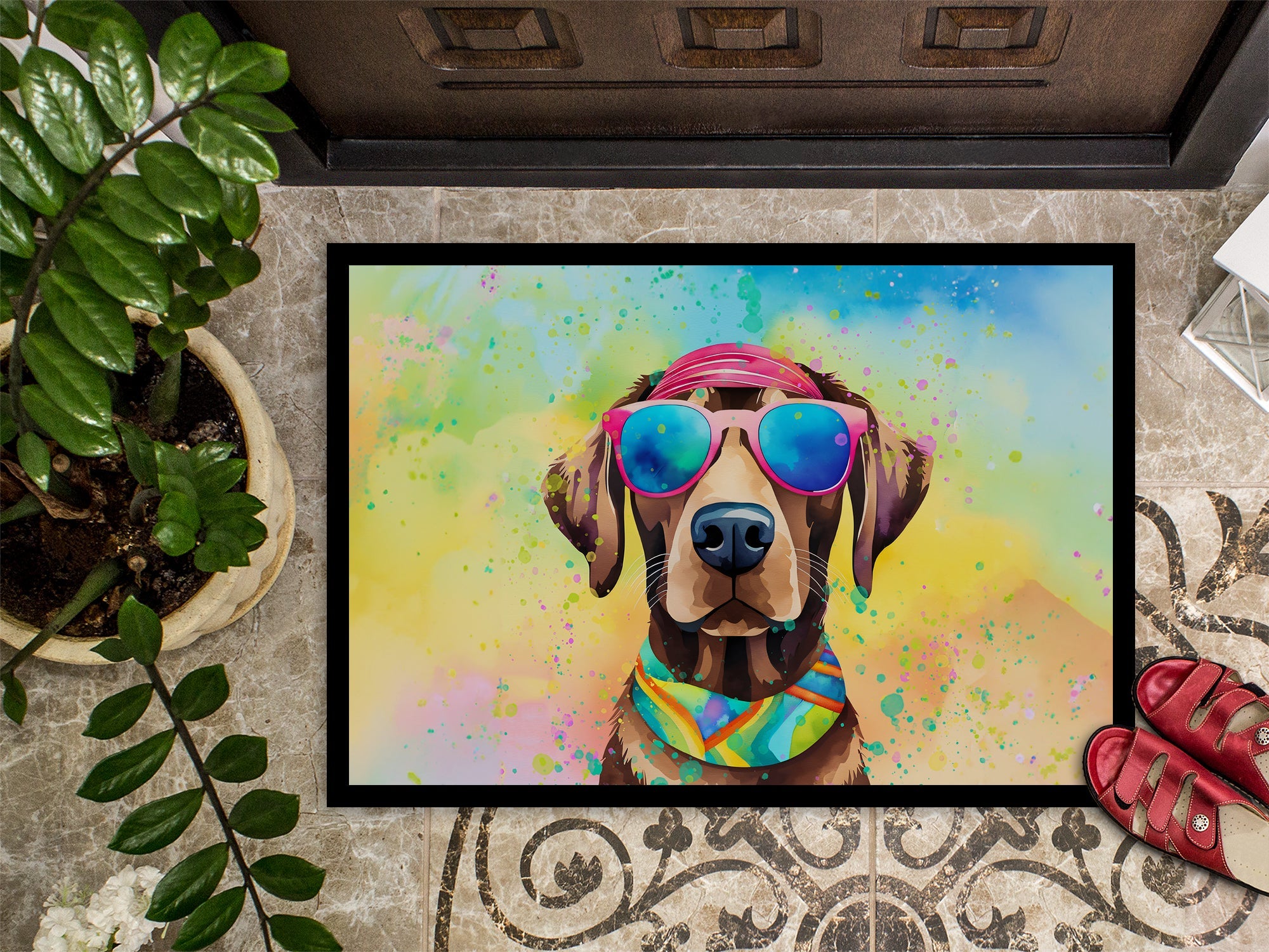 Chocolate Labrador Hippie Dawg Doormat Indoor Outdoor 24H X 36W Front Door Mat Rugs for Entryway, Non Slip Washable Low Pile,