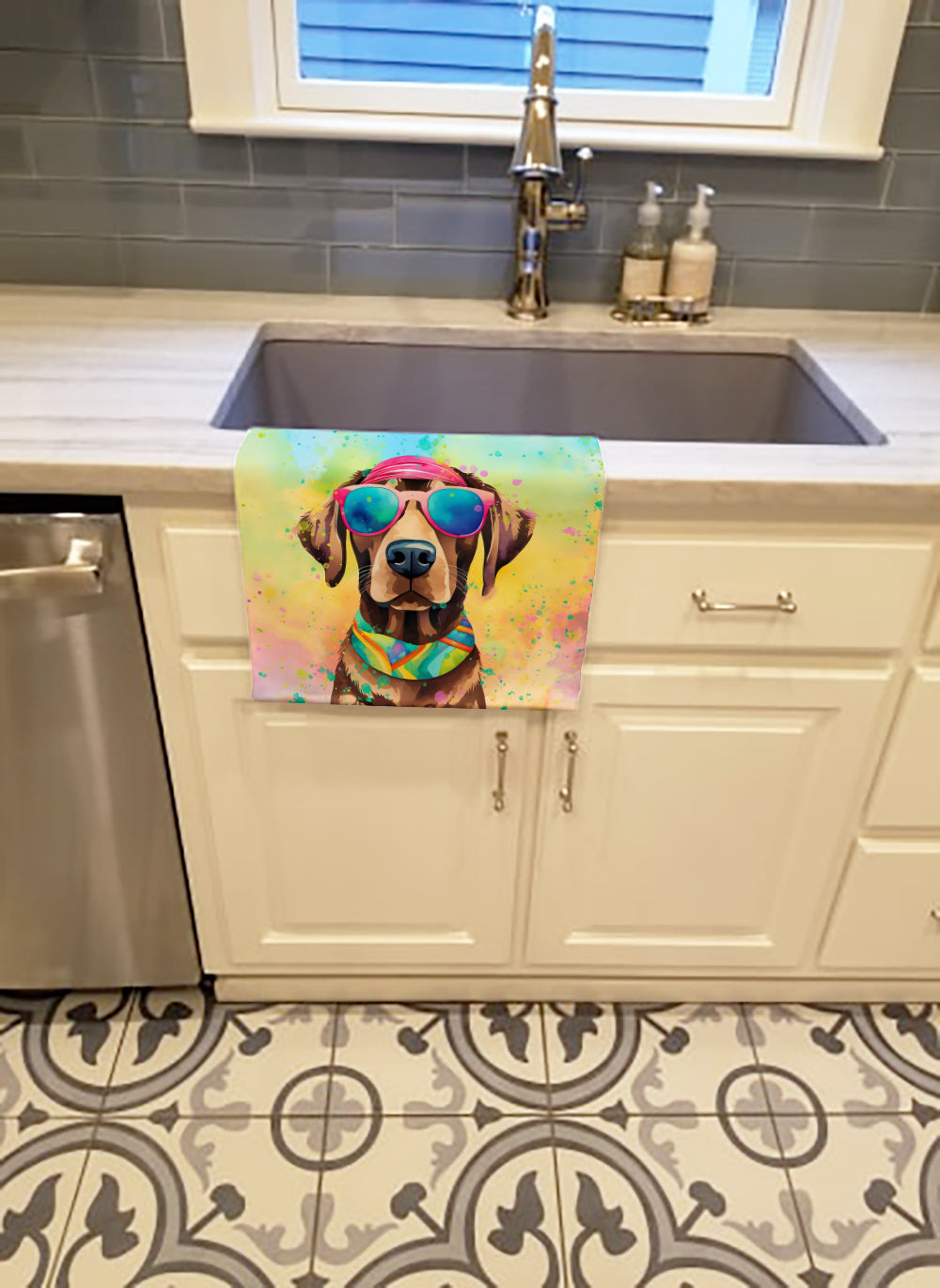 Chocolate Labrador Hippie Dawg Kitchen Towel Velour Plush Front and Cotton Loop Back Machine Washable