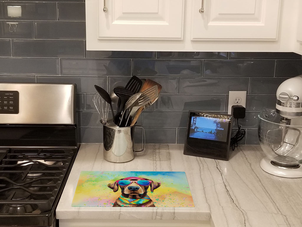 Chocolate Labrador Hippie Dawg Cutting Board Tempered Glass Kitchen Cutting Surface, Heat Resistant Chopping, Non-Slip Feet, Food Prep & Serving