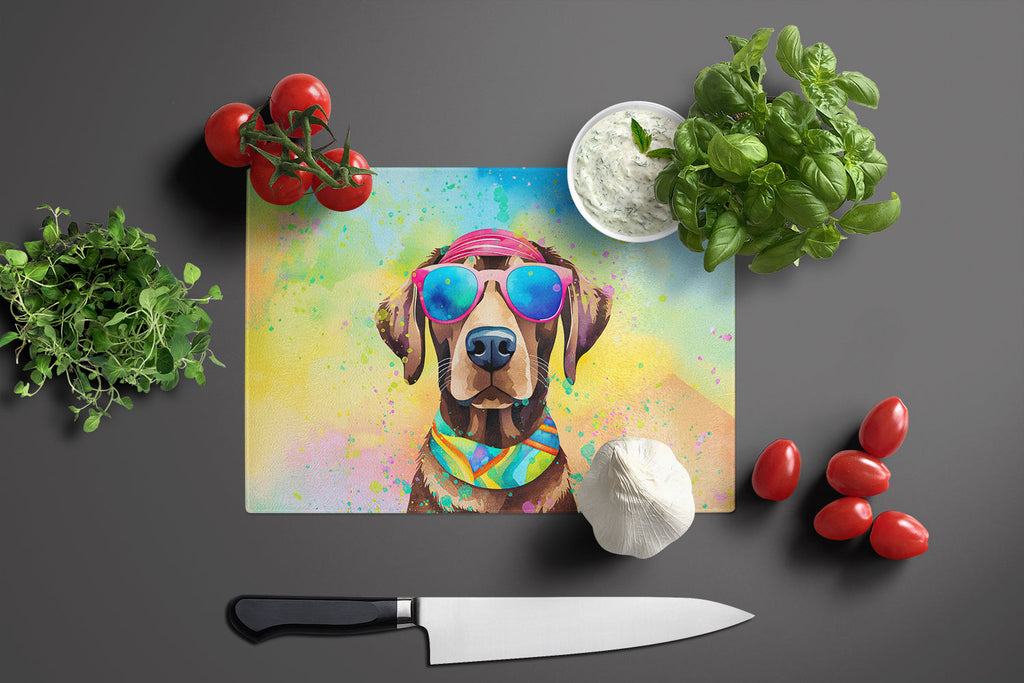 Chocolate Labrador Hippie Dawg Cutting Board Tempered Glass Kitchen Cutting Surface, Heat Resistant Chopping, Non-Slip Feet, Food Prep & Serving