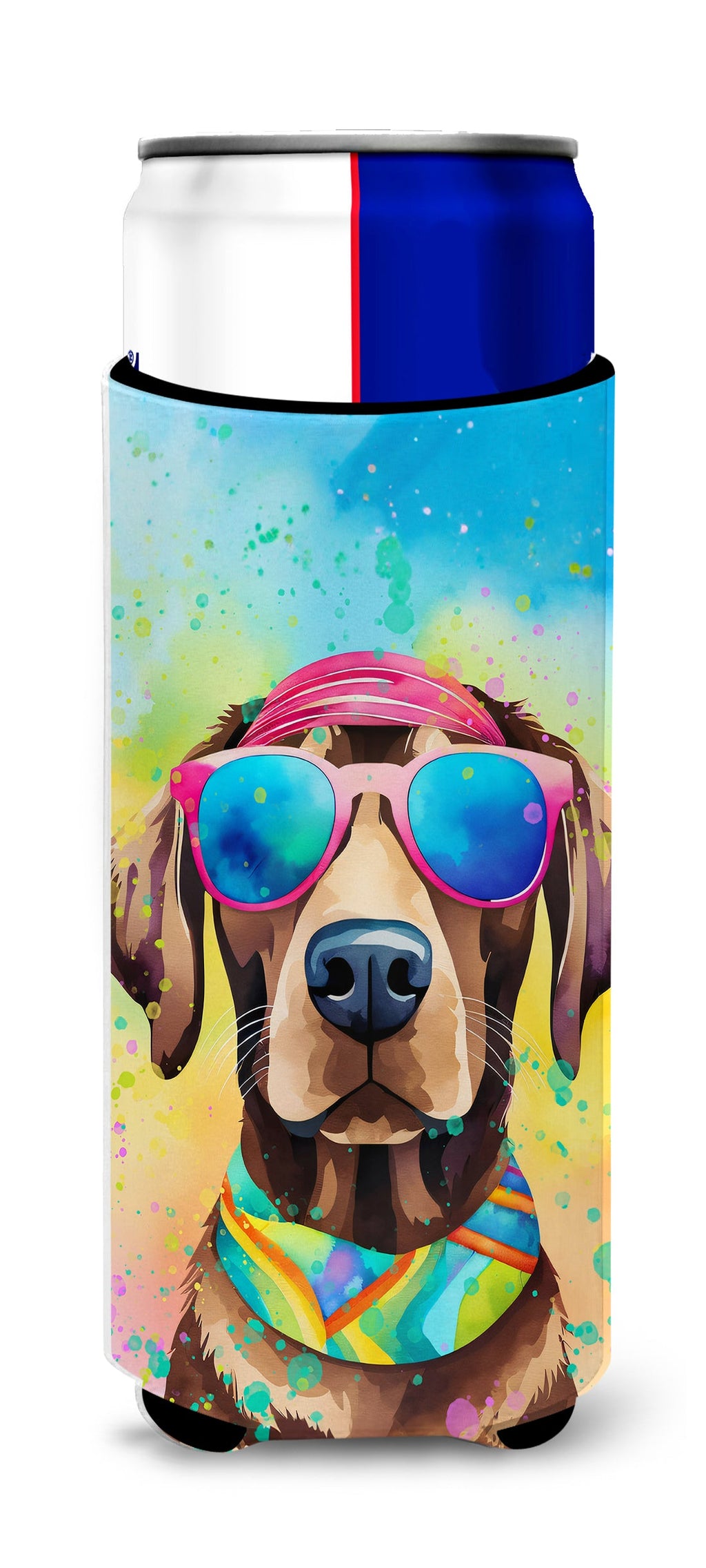 Chocolate Labrador Hippie Dawg Slim Can Hugger , Insulated Foam Hugger for 12 oz Slim Cans, Beer Bottles & Water Bottles, Printed in USA