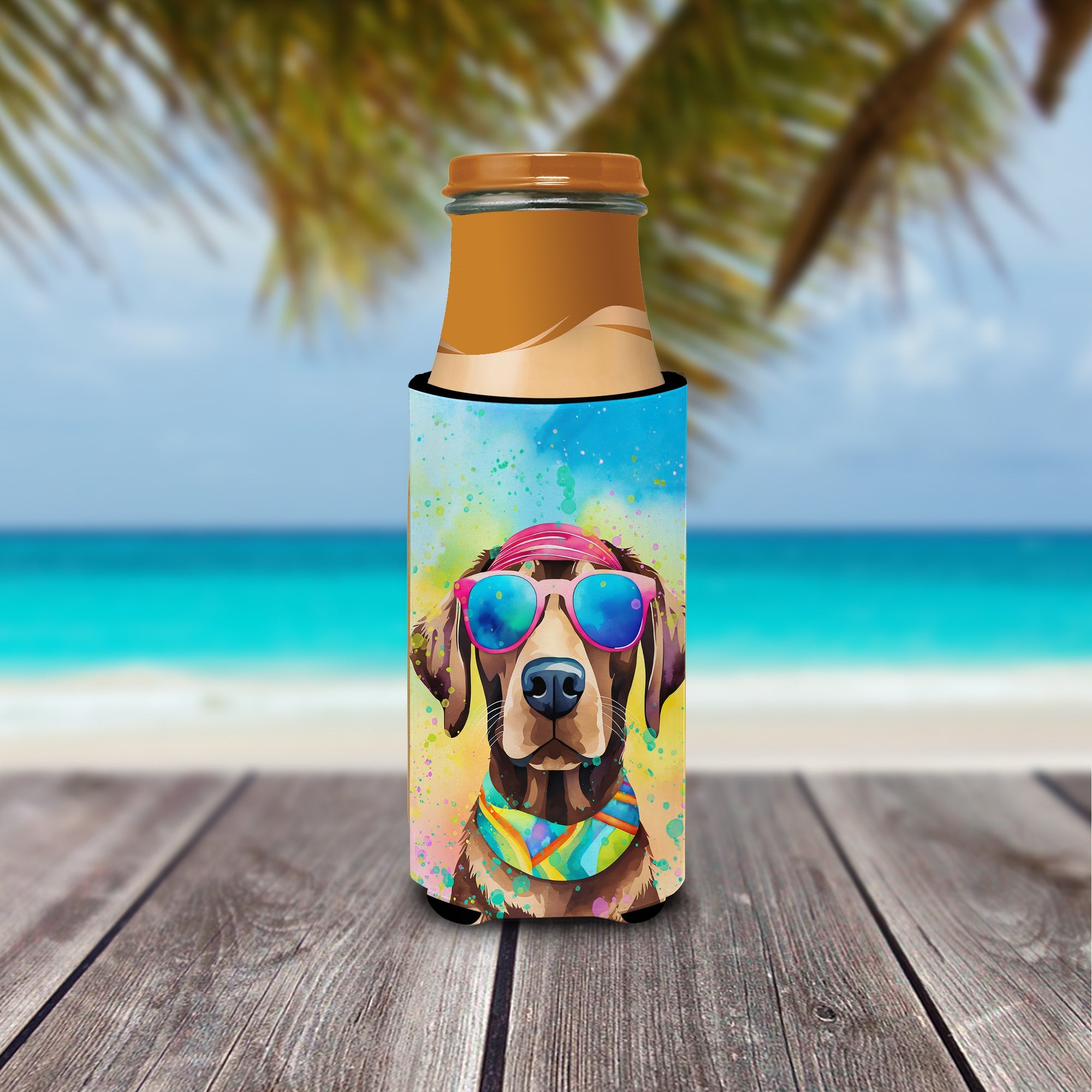 Chocolate Labrador Hippie Dawg Slim Can Hugger , Insulated Foam Hugger for 12 oz Slim Cans, Beer Bottles & Water Bottles, Printed in USA