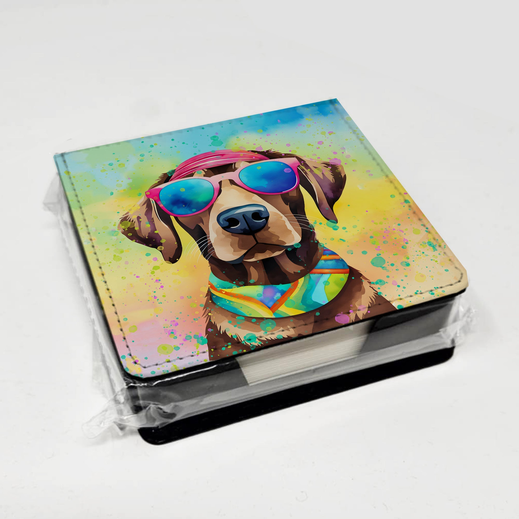 Chocolate Labrador Hippie Dawg PU Leather Note Paper Holder with Artist-Designed Cover, Desk Accessory, Office Gift