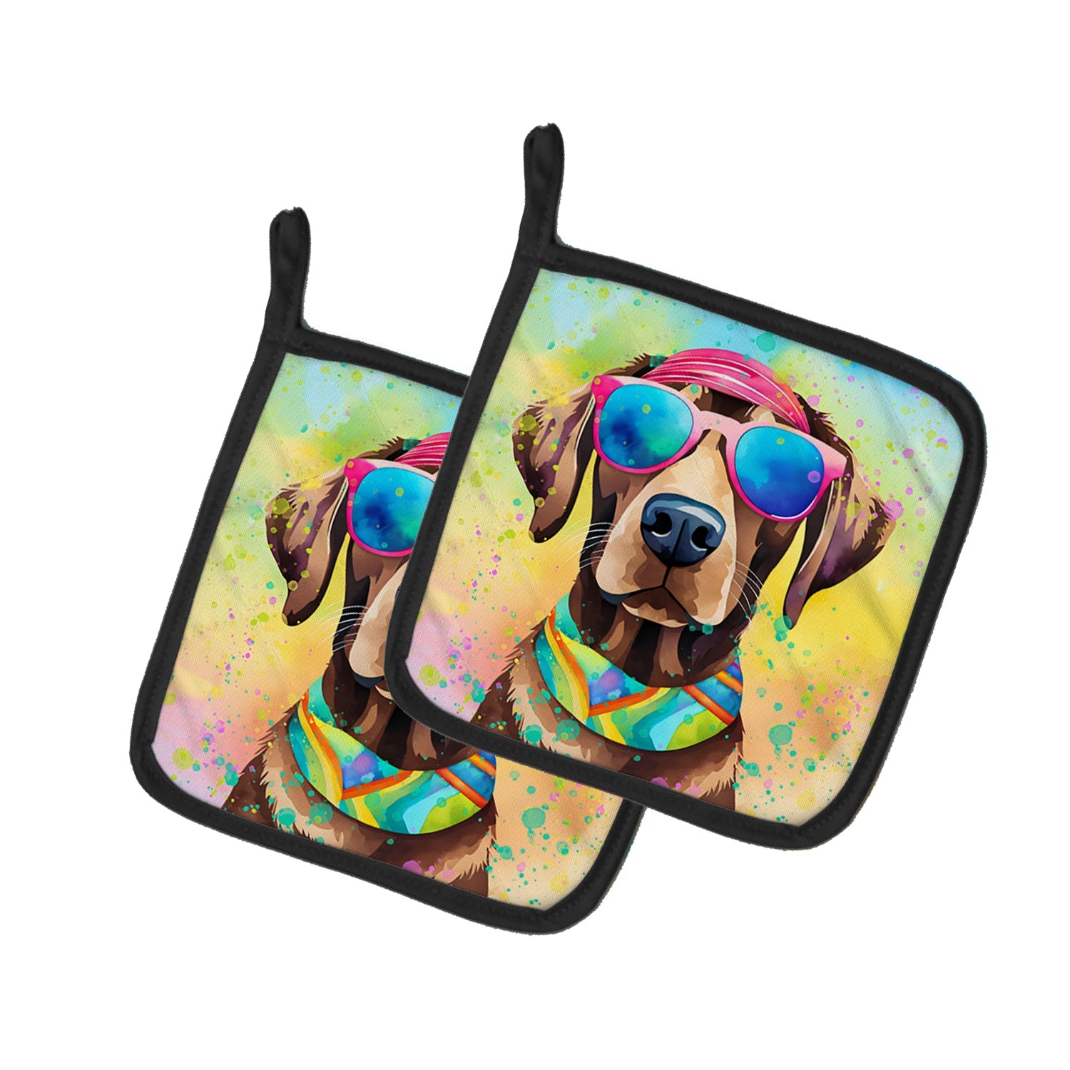 Chocolate Labrador Hippie Dawg Pot Holder Set of 2 Heat Resistant Quilted Hot Pads 7.5 x 7.5 Inch, Insulated Kitchen Trivets for Cooking & Baking