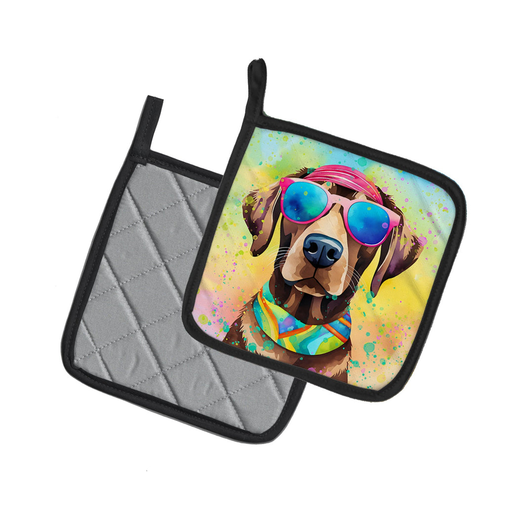 Chocolate Labrador Hippie Dawg Pot Holder Set of 2 Heat Resistant Quilted Hot Pads 7.5 x 7.5 Inch, Insulated Kitchen Trivets for Cooking & Baking