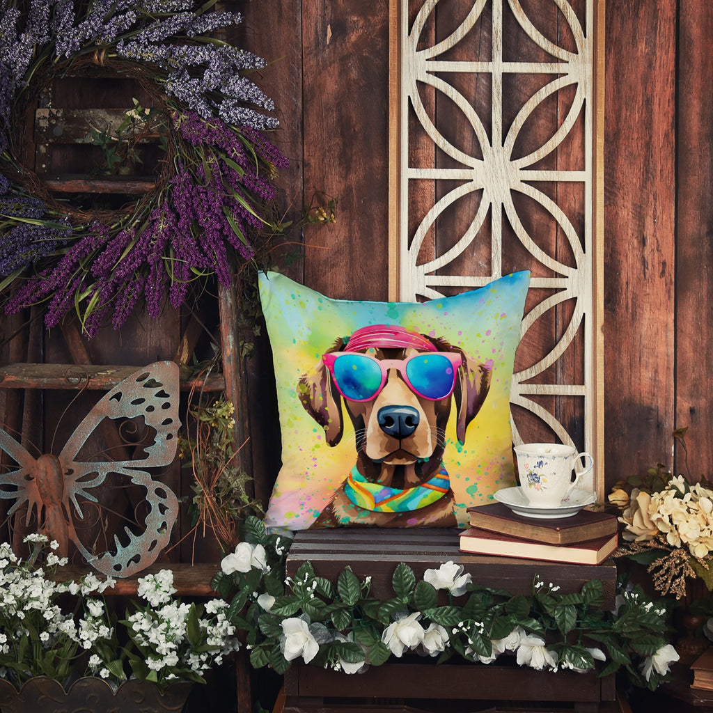 Chocolate Labrador Hippie Dawg Decorative Throw Pillow 14x14 Indoor Outdoor Accent Cushion, Fabric Cover with Insert for Sofa, Bed, Porch & Living Room