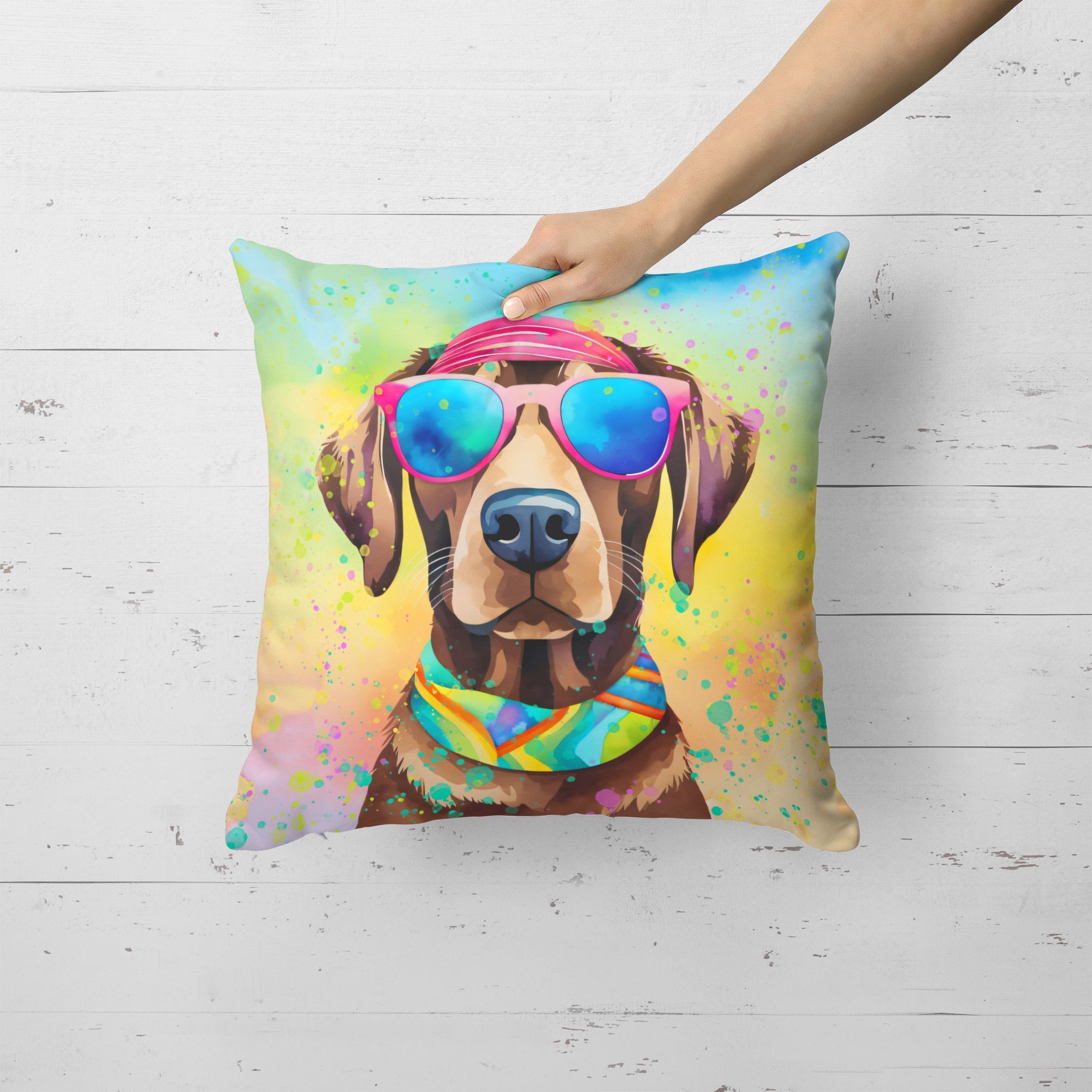 Chocolate Labrador Hippie Dawg Decorative Throw Pillow 18x18 Indoor Outdoor Accent Cushion, Fabric Cover with Insert for Sofa, Bed, Porch & Living Room