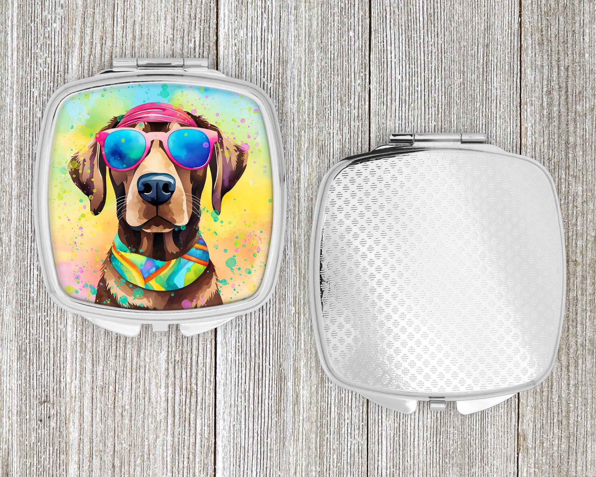 Chocolate Labrador Hippie Dawg Compact Mirror Decorative Travel Makeup Mirror for Women Girls Gifts Pocket Makeup Mirror Folding Handheld