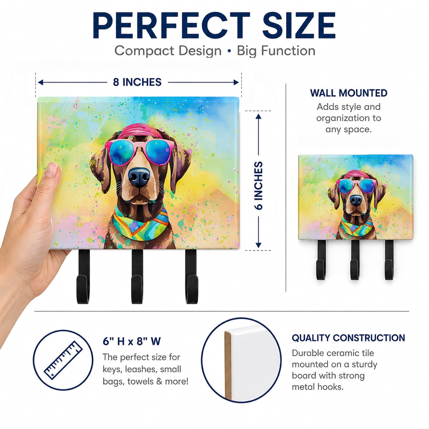 Chocolate Labrador Hippie Dawg Leash or Key Holder Wall Hooks, Coat Rack Wall Mount, for Hanging Keys, Towels, Aprons, Leashes