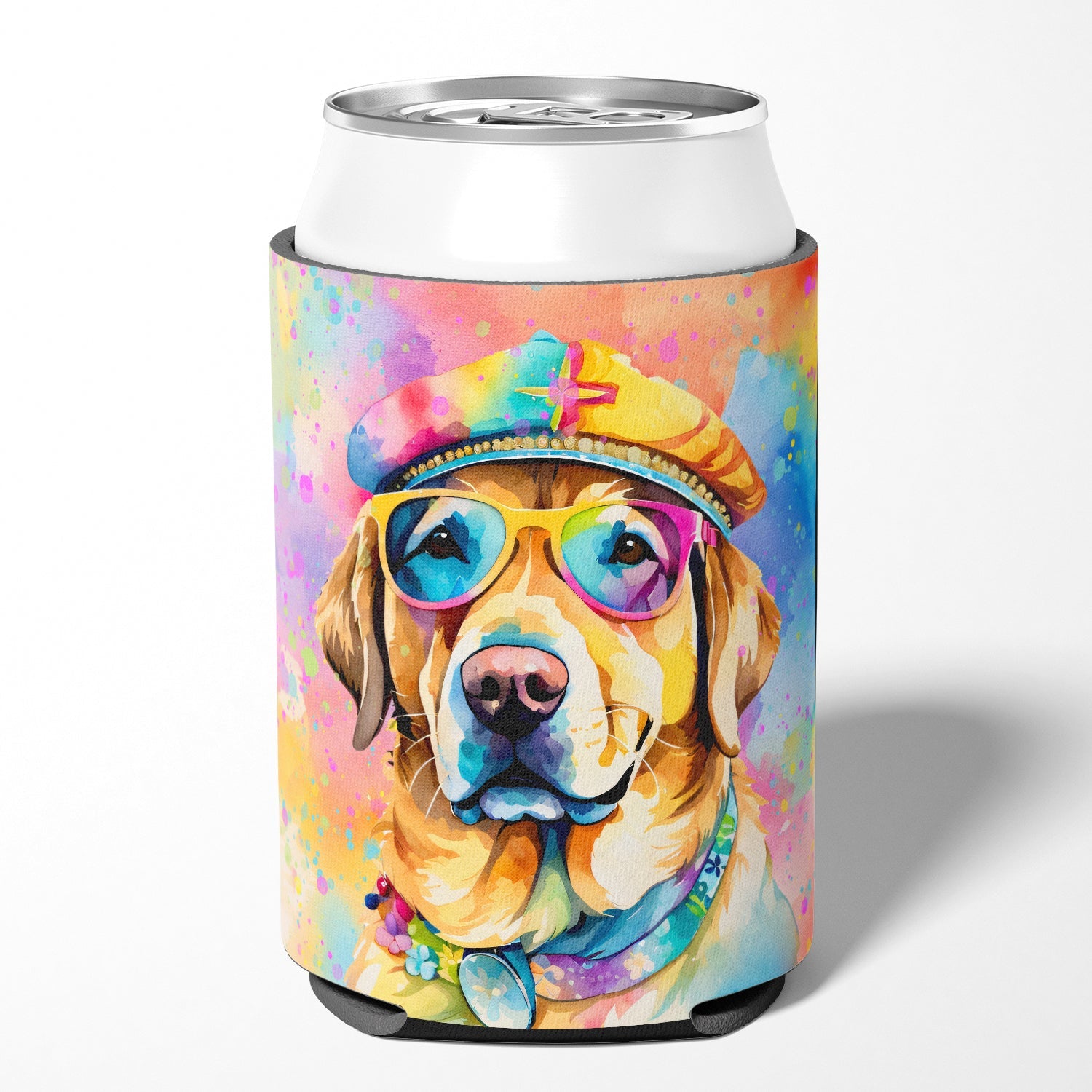 Yellow Labrador Hippie Dawg Can or Bottle Hugger Cooler Sleeve for Standard 12 oz Cans, Insulated Foam Beer & Soda Can Hugger Reusable