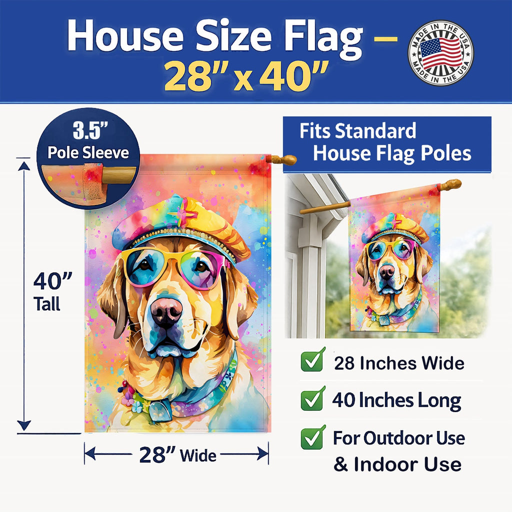 Yellow Labrador Hippie Dawg House Flag 28x40 Porch Sleeve Pole Decorative Outside Yard Banner Artwork Wall Hanging, Polyester