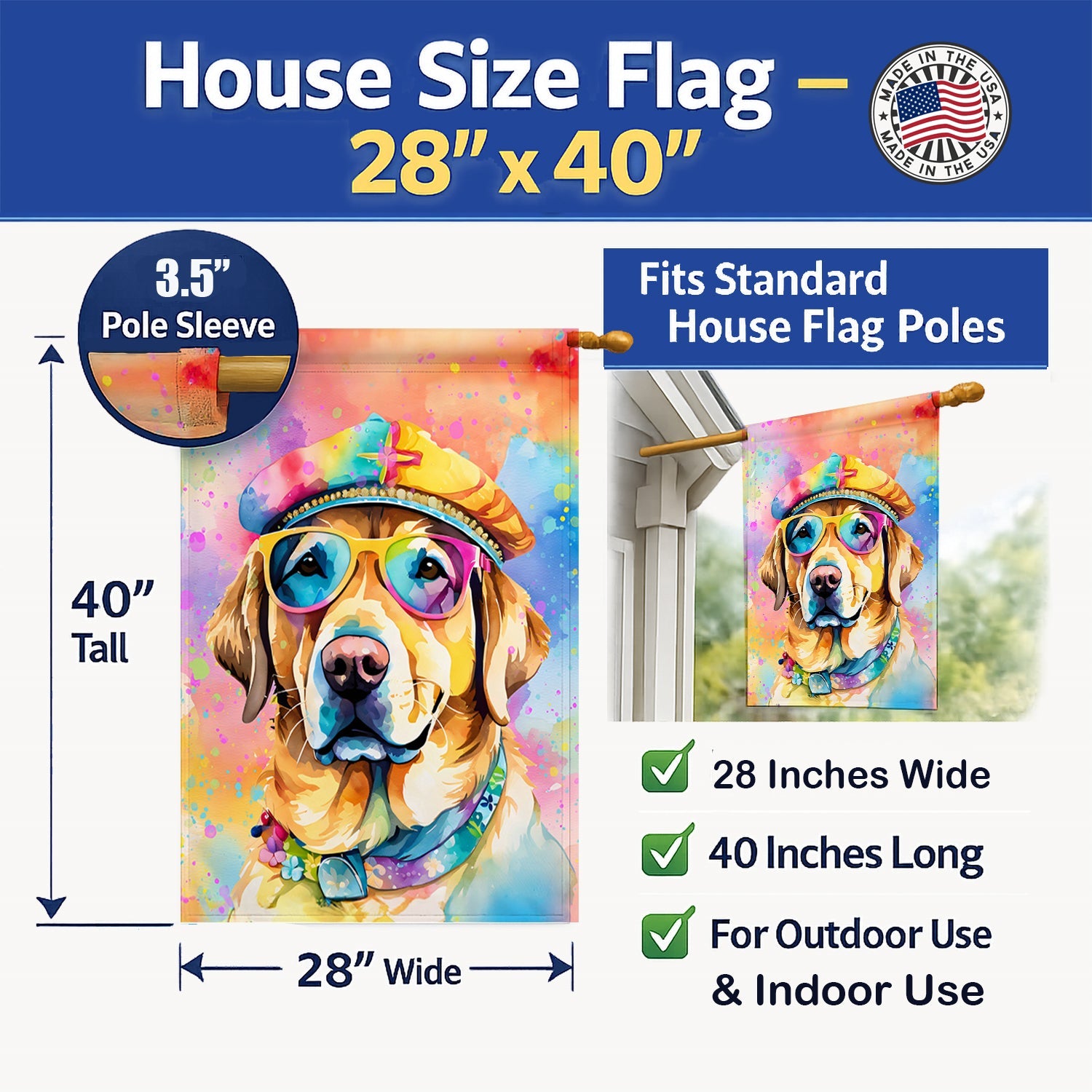 Yellow Labrador Hippie Dawg House Flag 28x40 Porch Sleeve Pole Decorative Outside Yard Banner Artwork Wall Hanging, Polyester