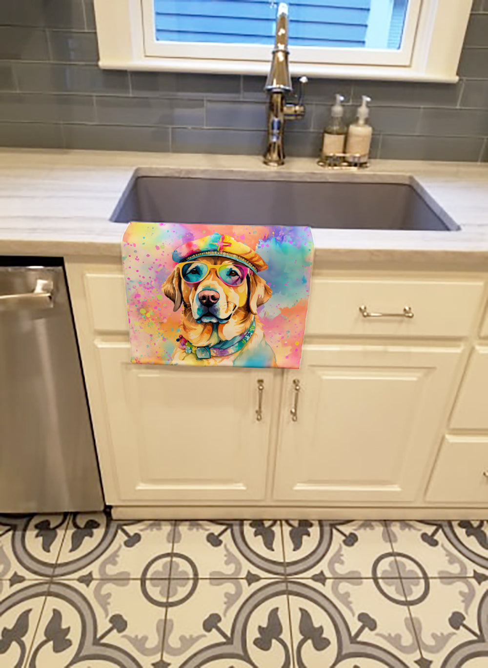 Yellow Labrador Hippie Dawg Kitchen Towel Velour Plush Front and Cotton Loop Back Machine Washable