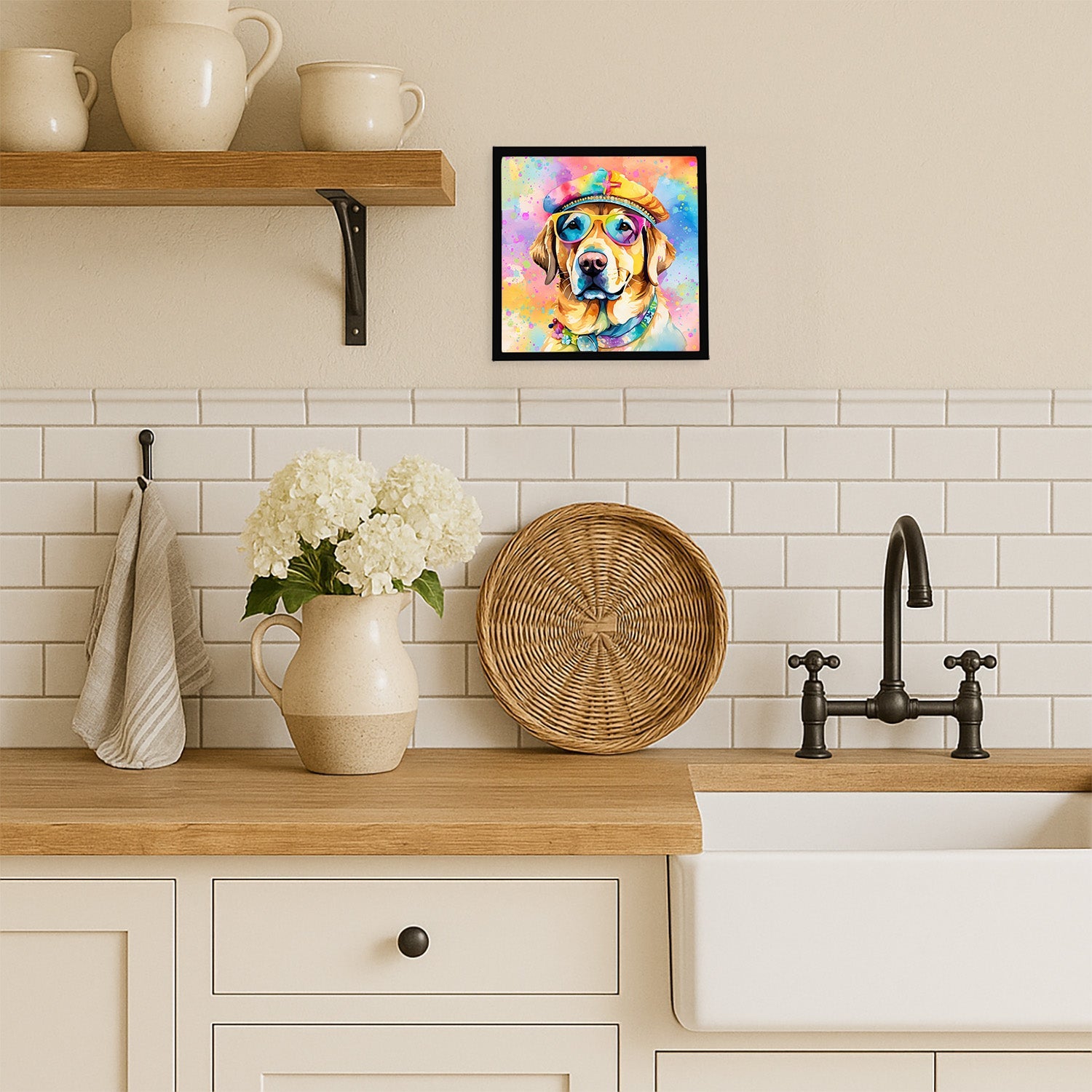 Yellow Labrador Hippie Dawg Framed Metal Print Bathroom, Kitchen, Office, Home Decor Wall Art Ready to Hang, Square, 8X8