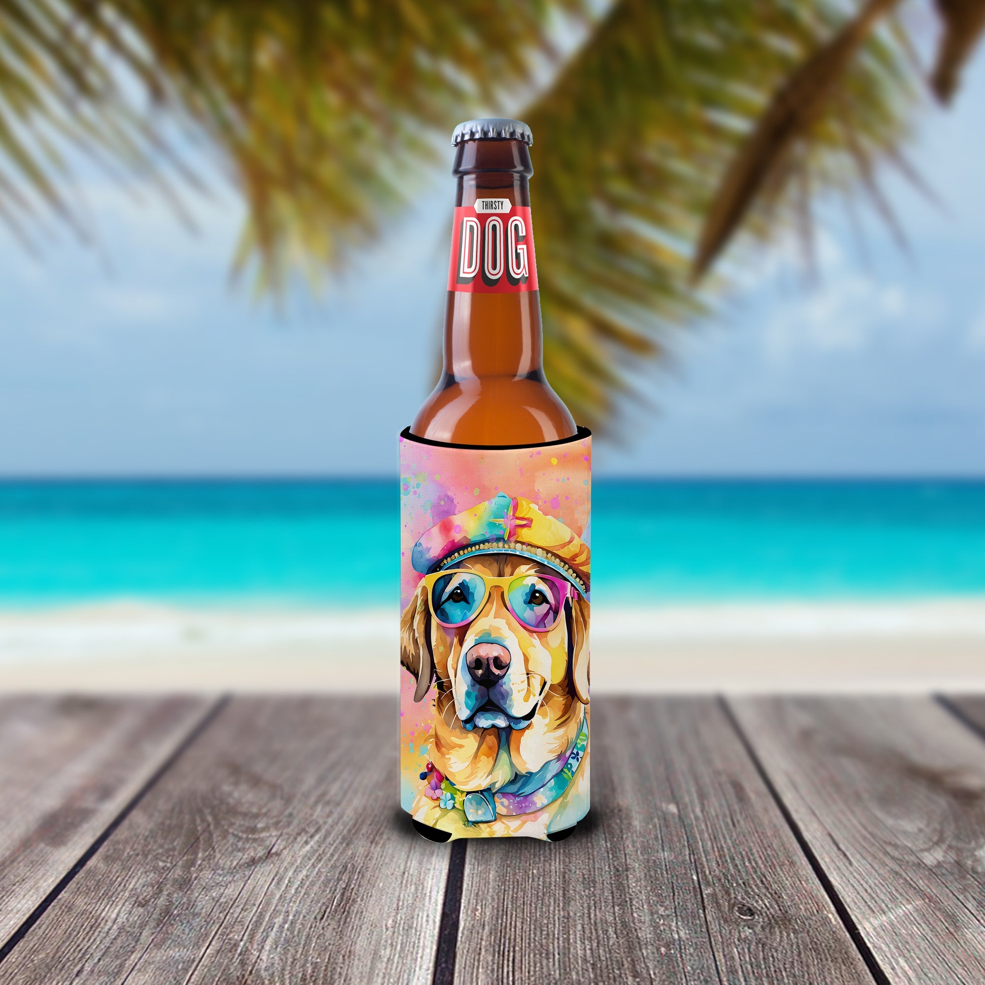 Yellow Labrador Hippie Dawg Slim Can Hugger , Insulated Foam Hugger for 12 oz Slim Cans, Beer Bottles & Water Bottles, Printed in USA