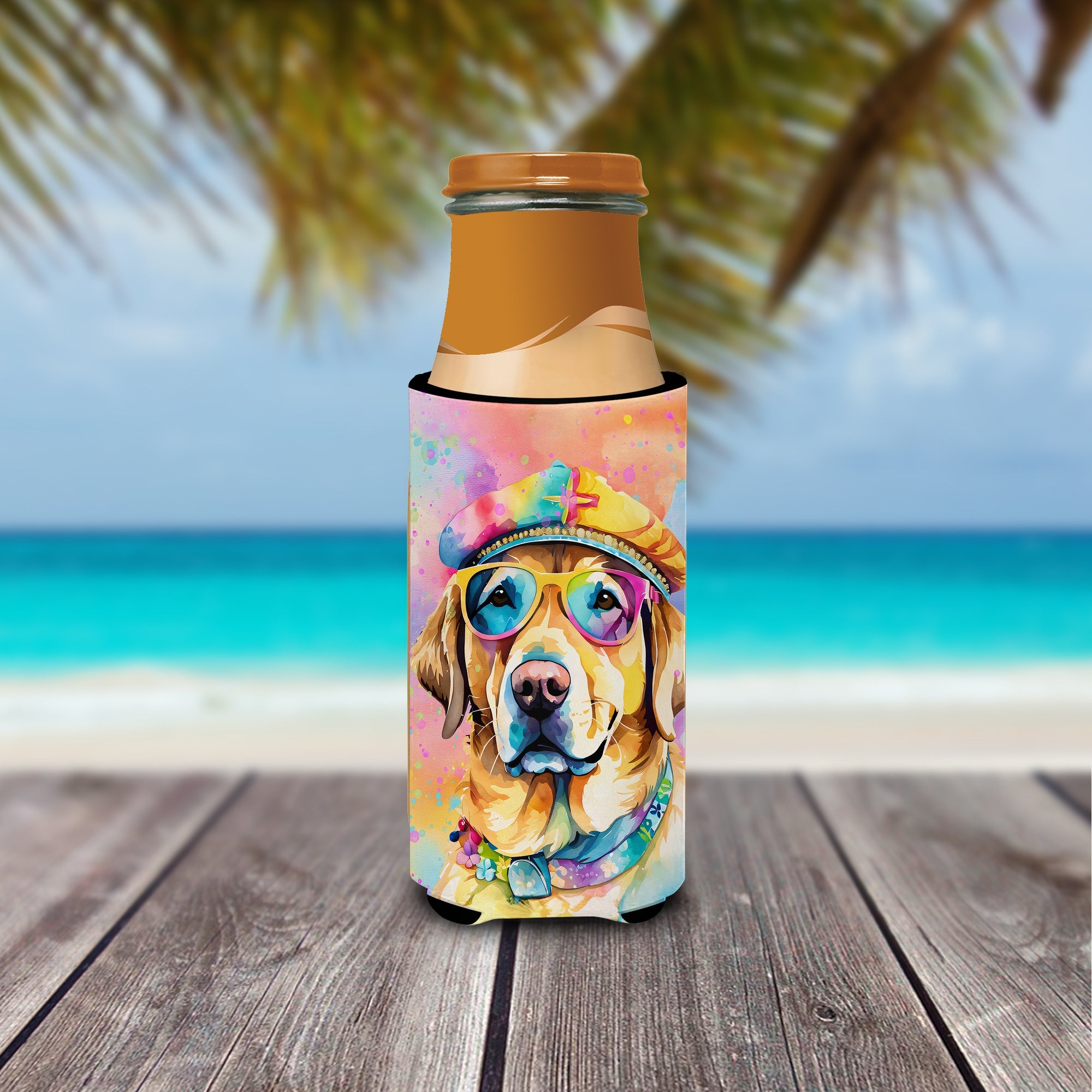 Yellow Labrador Hippie Dawg Slim Can Hugger , Insulated Foam Hugger for 12 oz Slim Cans, Beer Bottles & Water Bottles, Printed in USA