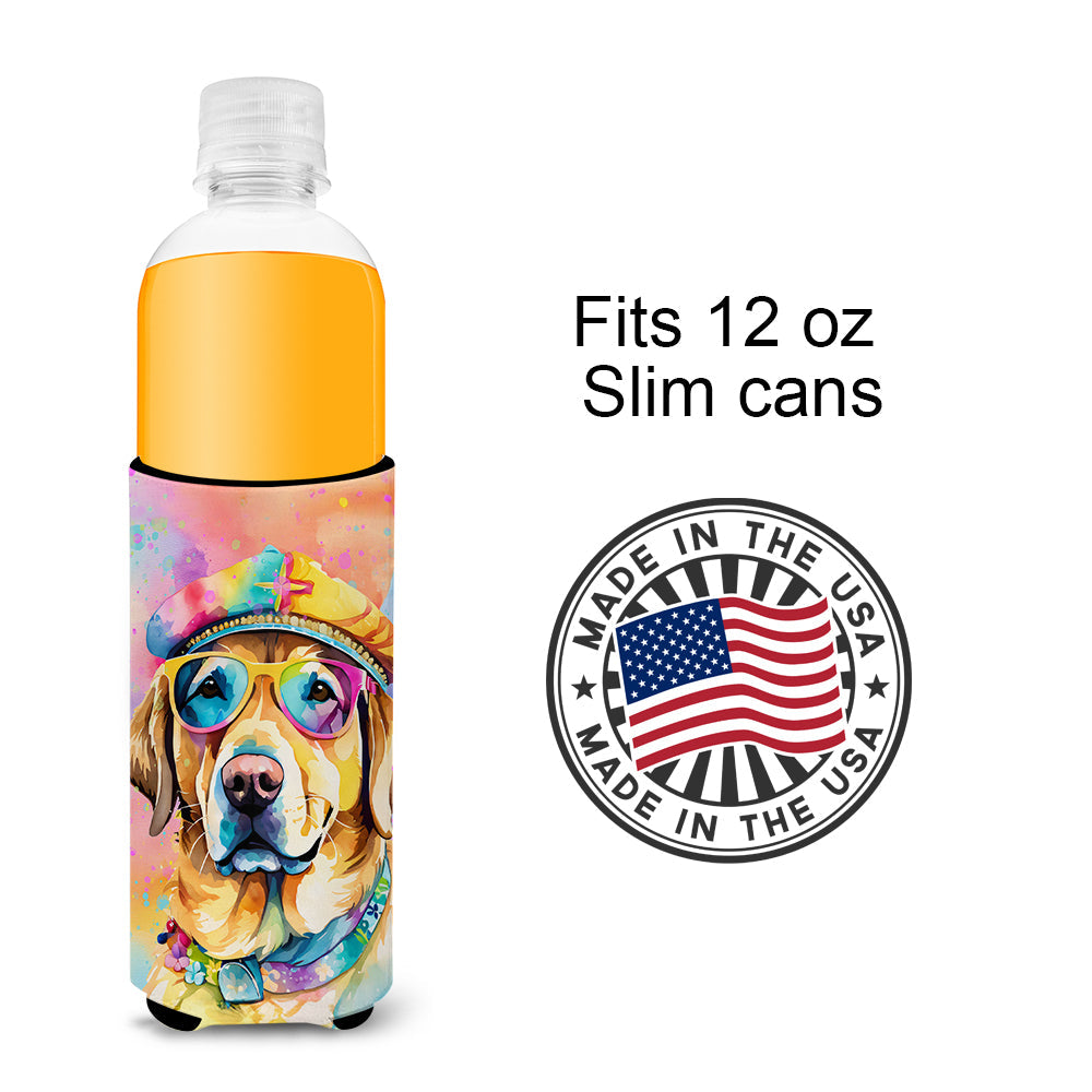 Yellow Labrador Hippie Dawg Slim Can Hugger , Insulated Foam Hugger for 12 oz Slim Cans, Beer Bottles & Water Bottles, Printed in USA