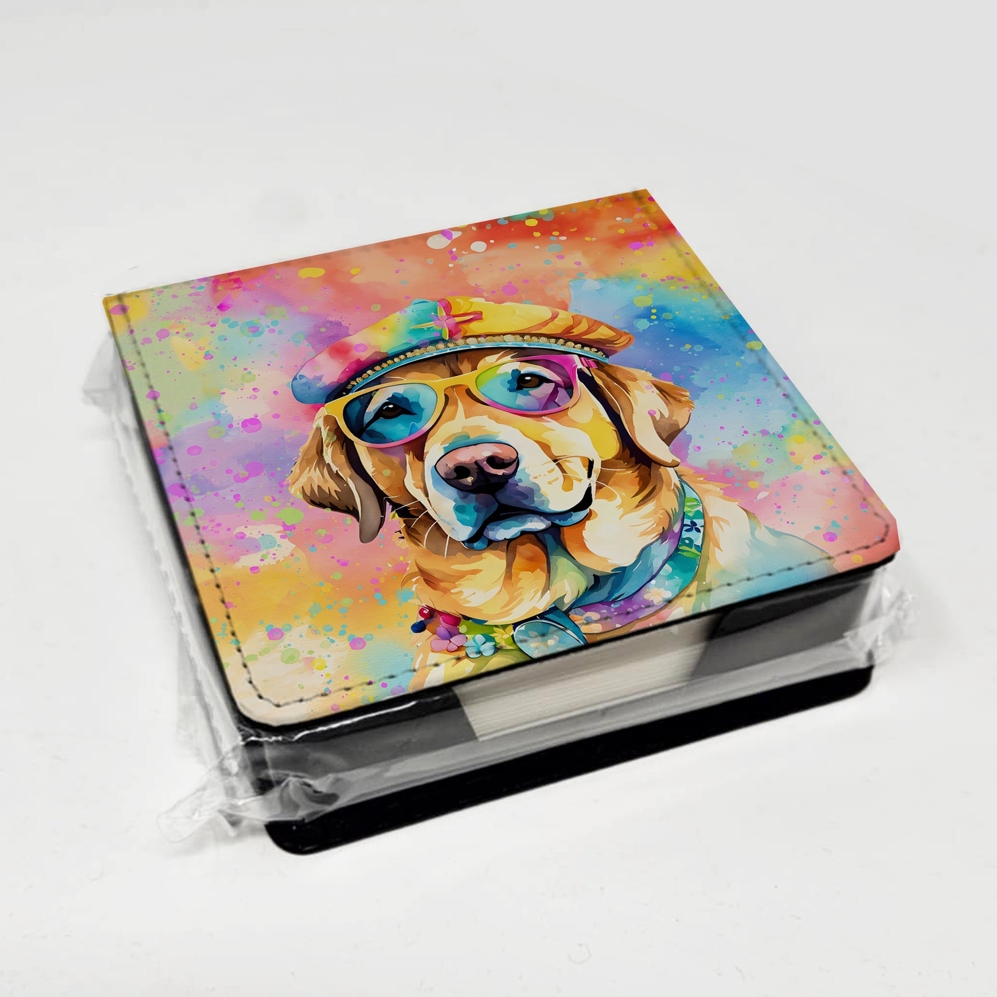 Yellow Labrador Hippie Dawg PU Leather Note Paper Holder with Artist-Designed Cover, Desk Accessory, Office Gift