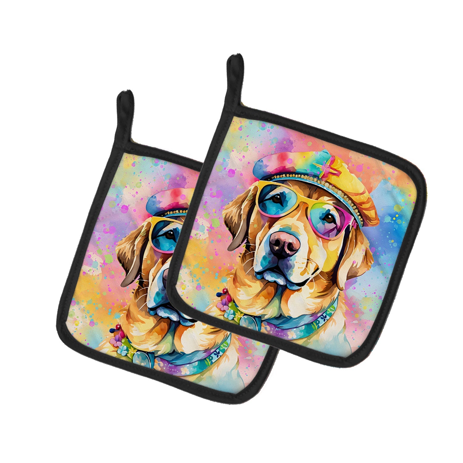 Yellow Labrador Hippie Dawg Pot Holder Set of 2 Heat Resistant Quilted Hot Pads 7.5 x 7.5 Inch, Insulated Kitchen Trivets for Cooking & Baking