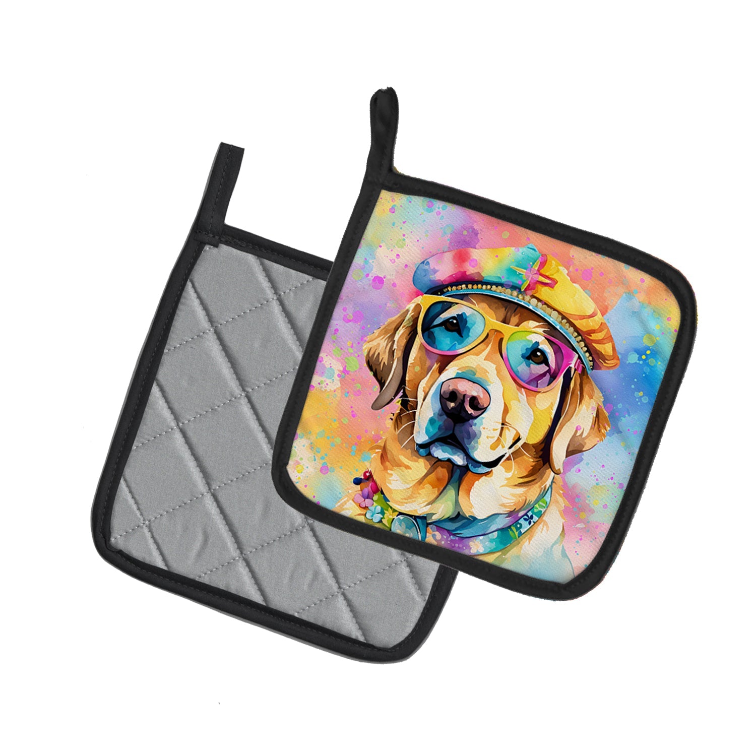 Yellow Labrador Hippie Dawg Pot Holder Set of 2 Heat Resistant Quilted Hot Pads 7.5 x 7.5 Inch, Insulated Kitchen Trivets for Cooking & Baking