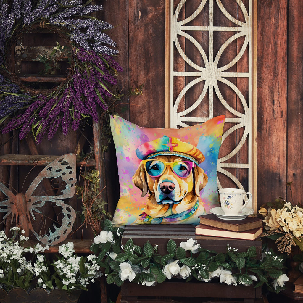 Yellow Labrador Hippie Dawg Decorative Throw Pillow 14x14 Indoor Outdoor Accent Cushion, Fabric Cover with Insert for Sofa, Bed, Porch & Living Room