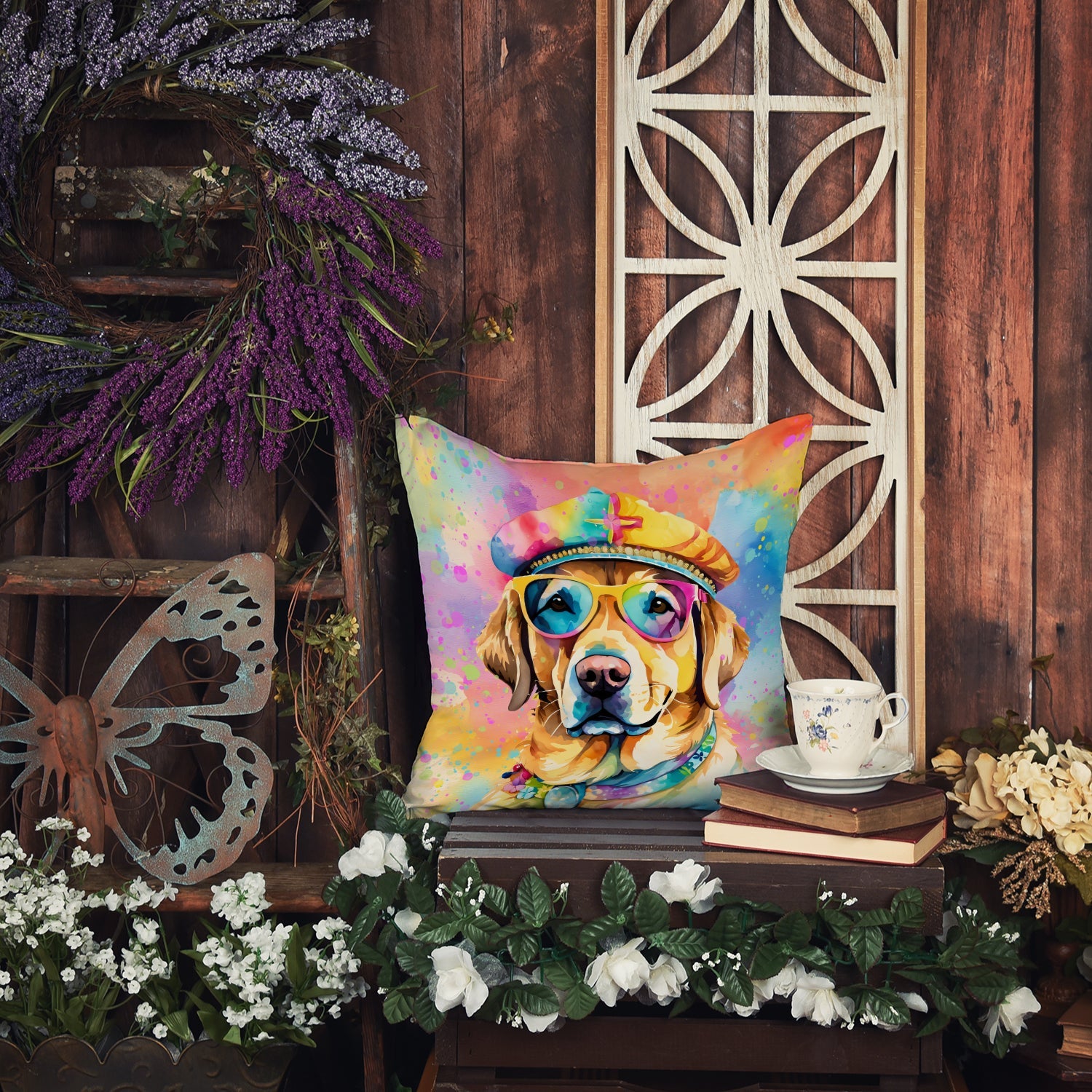 Yellow Labrador Hippie Dawg Decorative Throw Pillow 14x14 Indoor Outdoor Accent Cushion, Fabric Cover with Insert for Sofa, Bed, Porch & Living Room