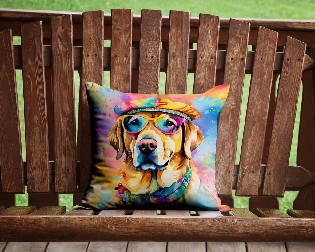Yellow Labrador Hippie Dawg Decorative Throw Pillow 14x14 Indoor Outdoor Accent Cushion, Fabric Cover with Insert for Sofa, Bed, Porch & Living Room