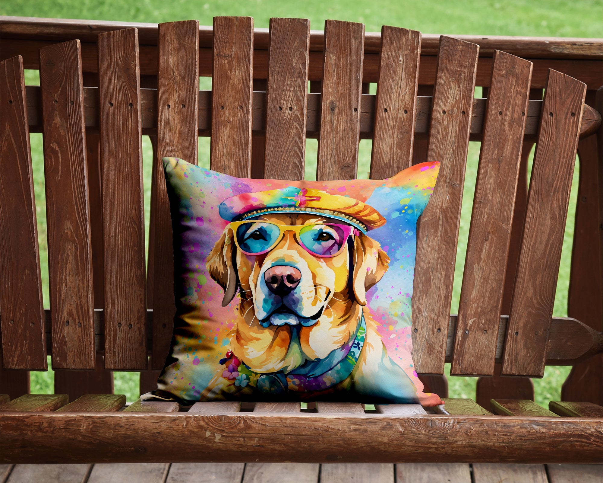 Yellow Labrador Hippie Dawg Decorative Throw Pillow 14x14 Indoor Outdoor Accent Cushion, Fabric Cover with Insert for Sofa, Bed, Porch & Living Room