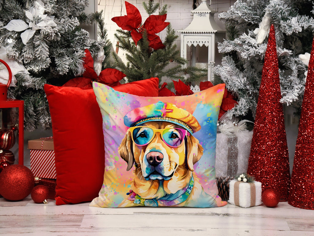 Yellow Labrador Hippie Dawg Decorative Throw Pillow 18x18 Indoor Outdoor Accent Cushion, Fabric Cover with Insert for Sofa, Bed, Porch & Living Room