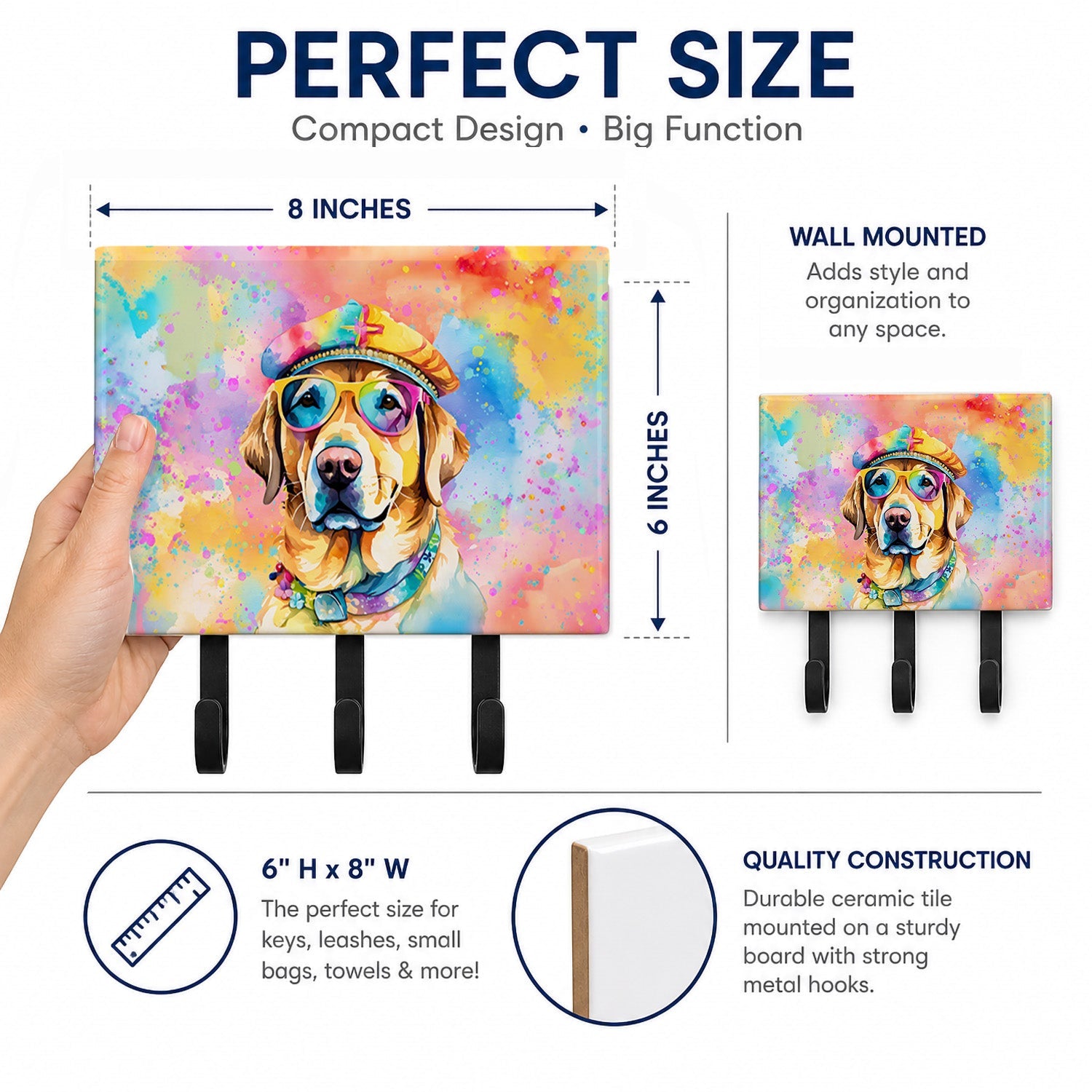Yellow Labrador Hippie Dawg Leash or Key Holder Wall Hooks, Coat Rack Wall Mount, for Hanging Keys, Towels, Aprons, Leashes