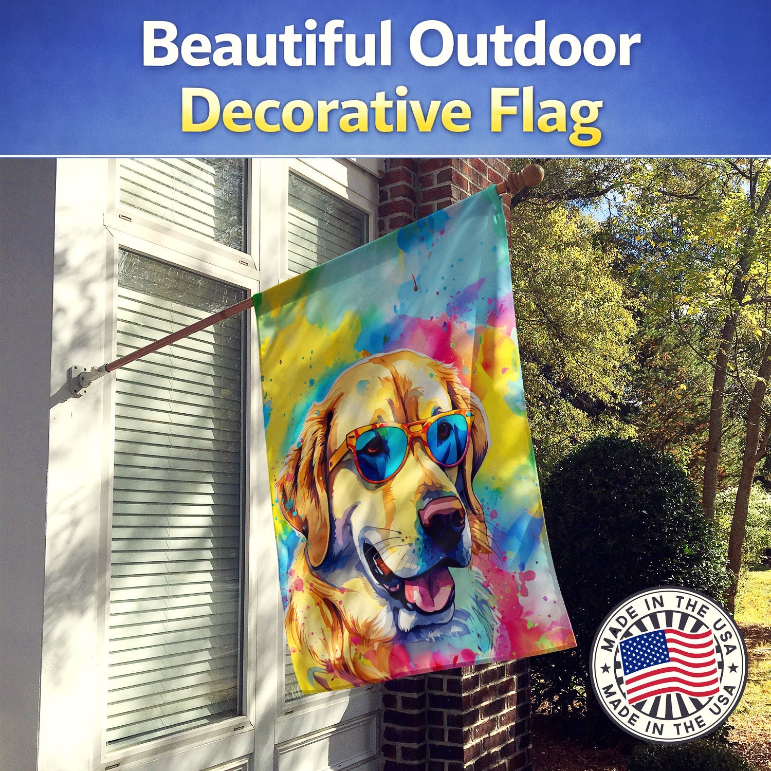Yellow Labrador Hippie Dawg House Flag 28x40 Porch Sleeve Pole Decorative Outside Yard Banner Artwork Wall Hanging, Polyester
