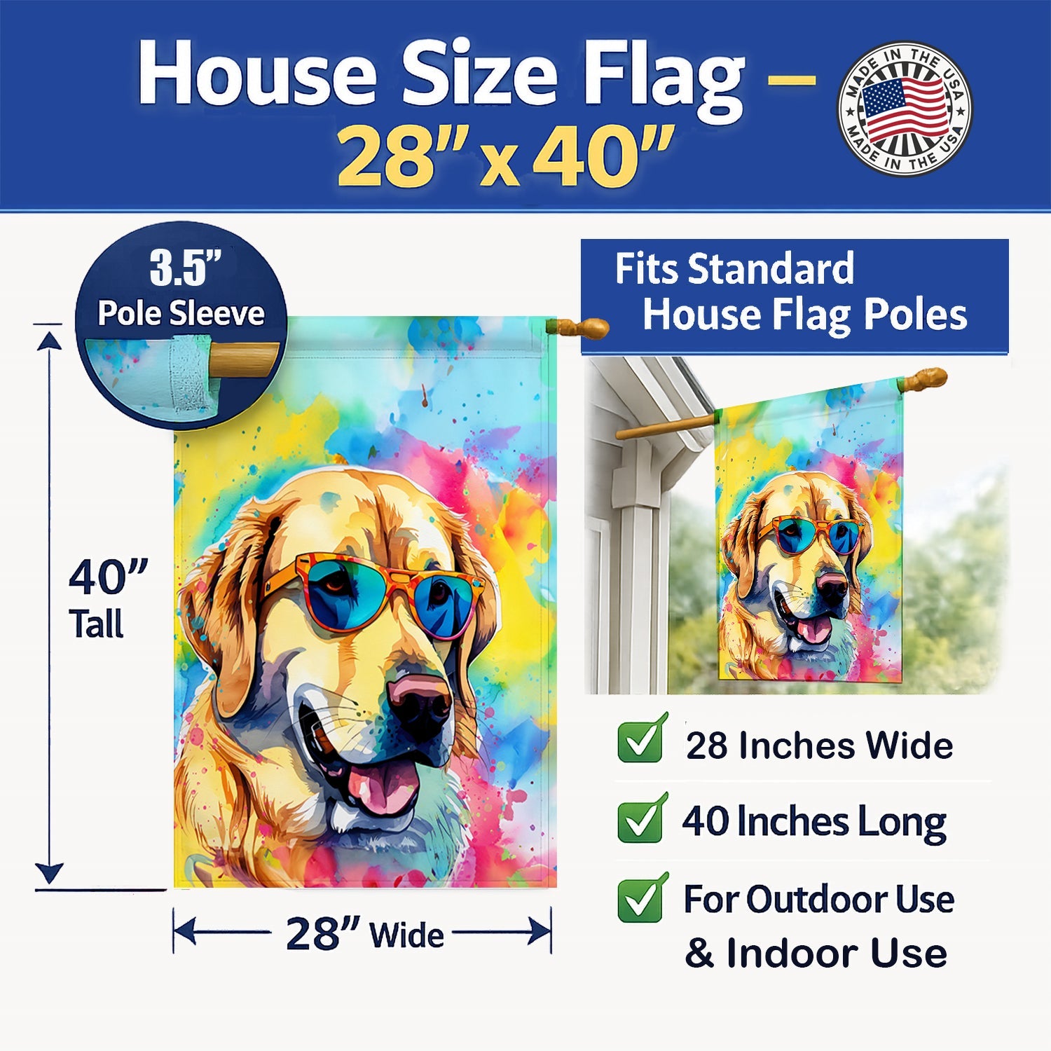 Yellow Labrador Hippie Dawg House Flag 28x40 Porch Sleeve Pole Decorative Outside Yard Banner Artwork Wall Hanging, Polyester