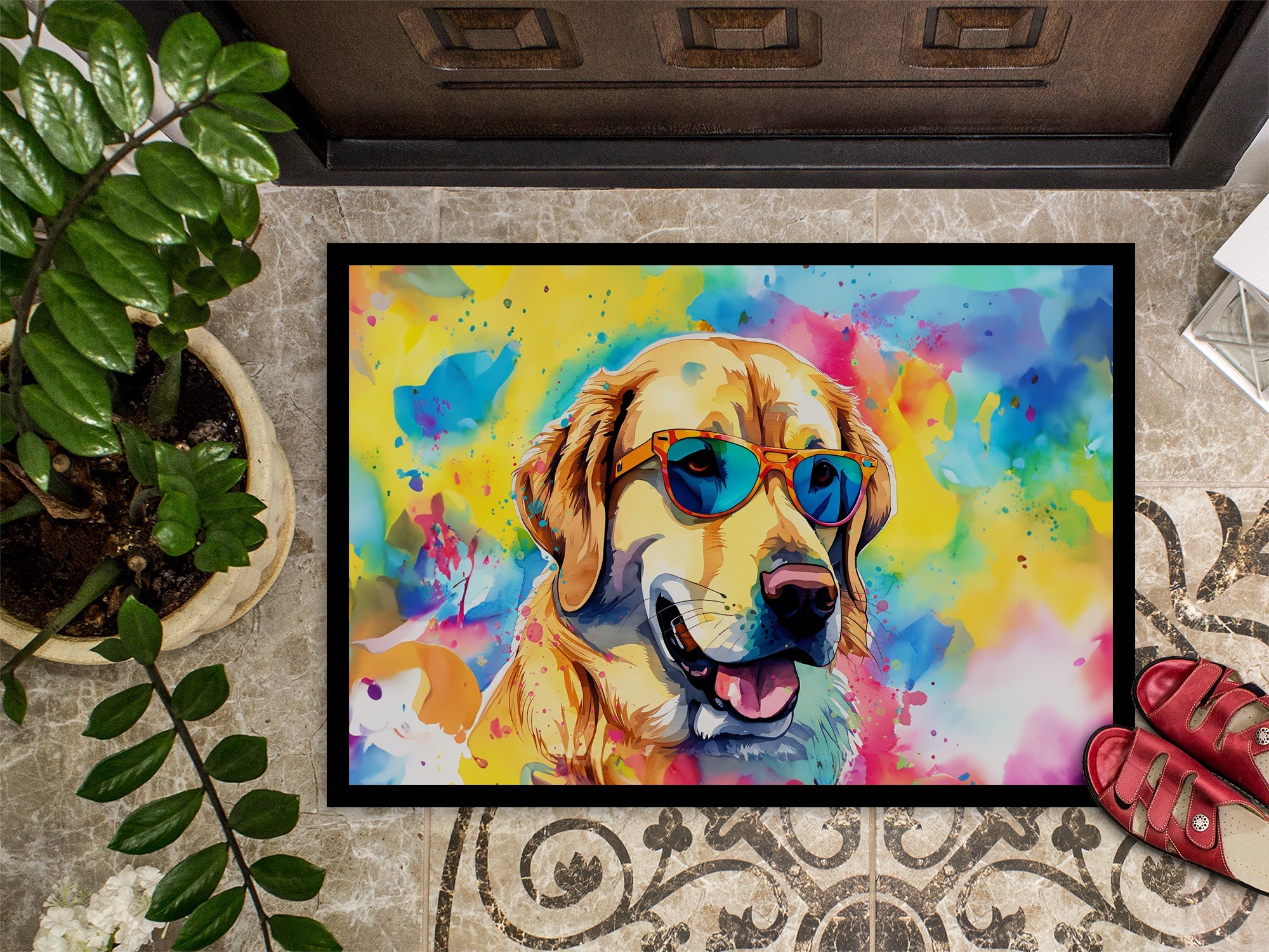 Yellow Labrador Hippie Dawg Doormat Indoor Outdoor 24H X 36W Front Door Mat Rugs for Entryway, Non Slip Washable Low Pile,