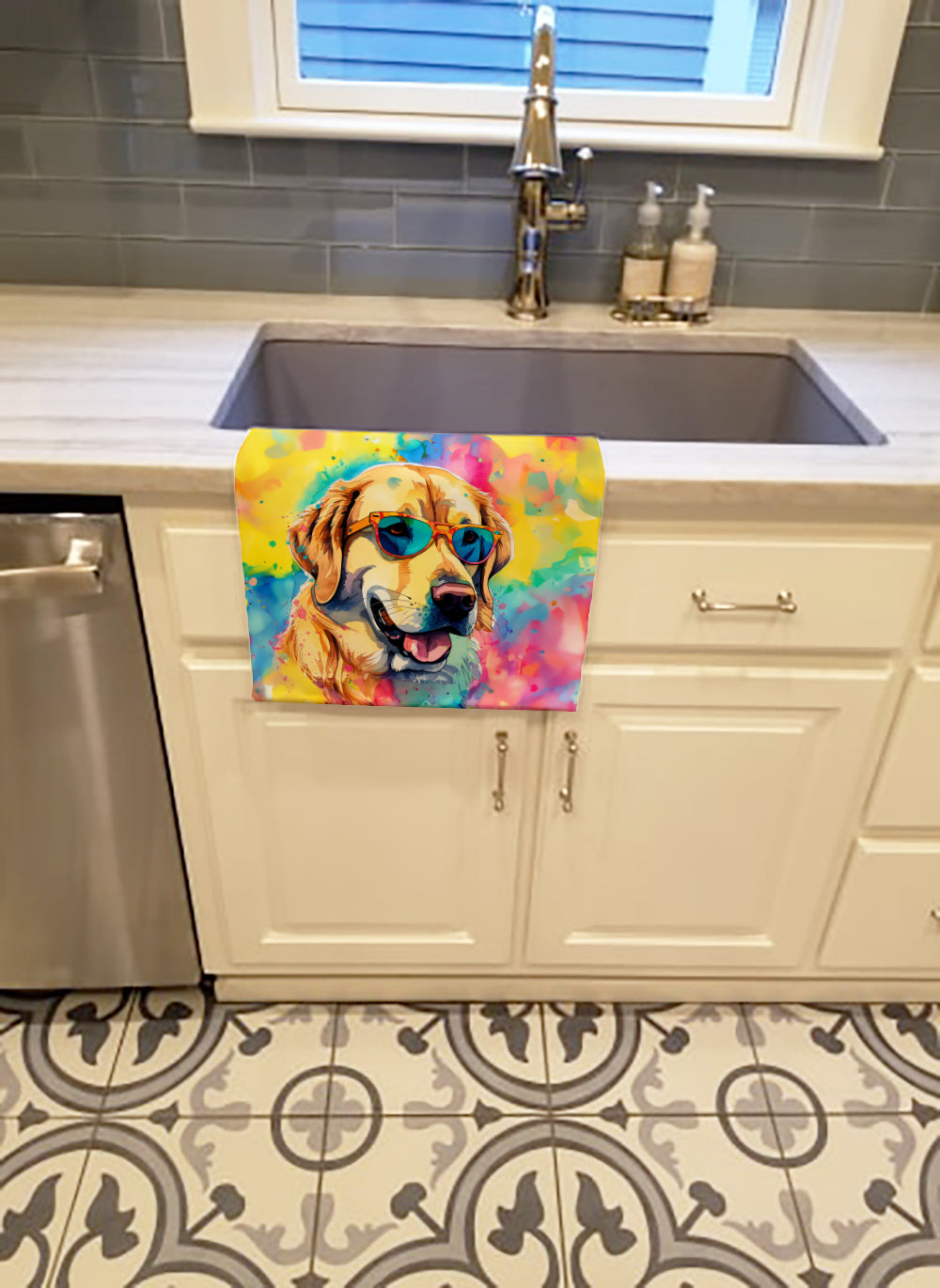 Yellow Labrador Hippie Dawg Kitchen Towel Velour Plush Front and Cotton Loop Back Machine Washable