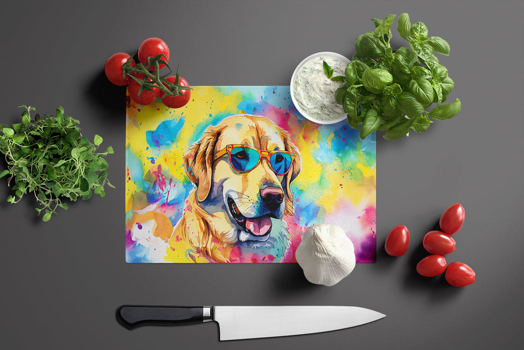 Yellow Labrador Hippie Dawg Cutting Board Tempered Glass Kitchen Cutting Surface, Heat Resistant Chopping, Non-Slip Feet, Food Prep & Serving